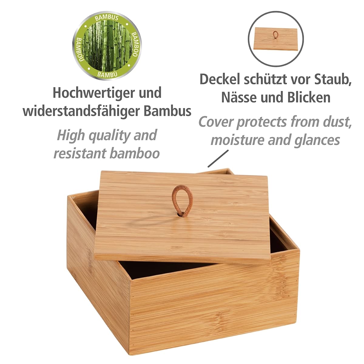 WENKO Terra Bamboo Organiser Box with 3 Compartments - Storage Box, Bathroom Basket, Bamboo, brown, Bambus Kosmetiktuch-Box