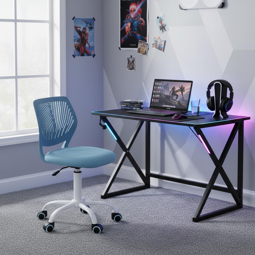 FurnitureR Gaming Chair, PP Hollow Backrest, Adjustable Height, Ergonomic Swivel Foam Seat, 5 Castors Iron Base, for Reading, Drawing, Gaming