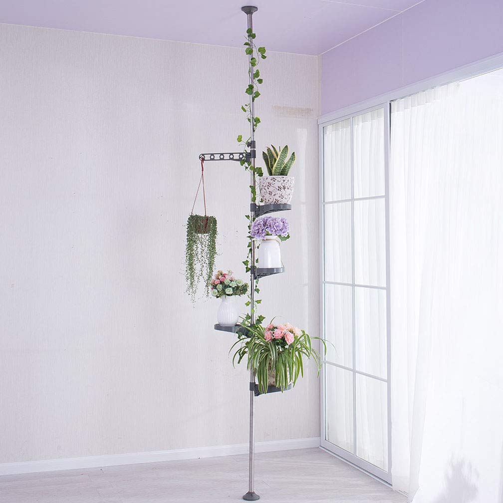 Hershii 5-Layer Indoor Plant Stand Pole Spring Tension Rod Corner Flower Display Rack Holder Adjustable Telescopic Floor to Ceiling Shelf Space Saving