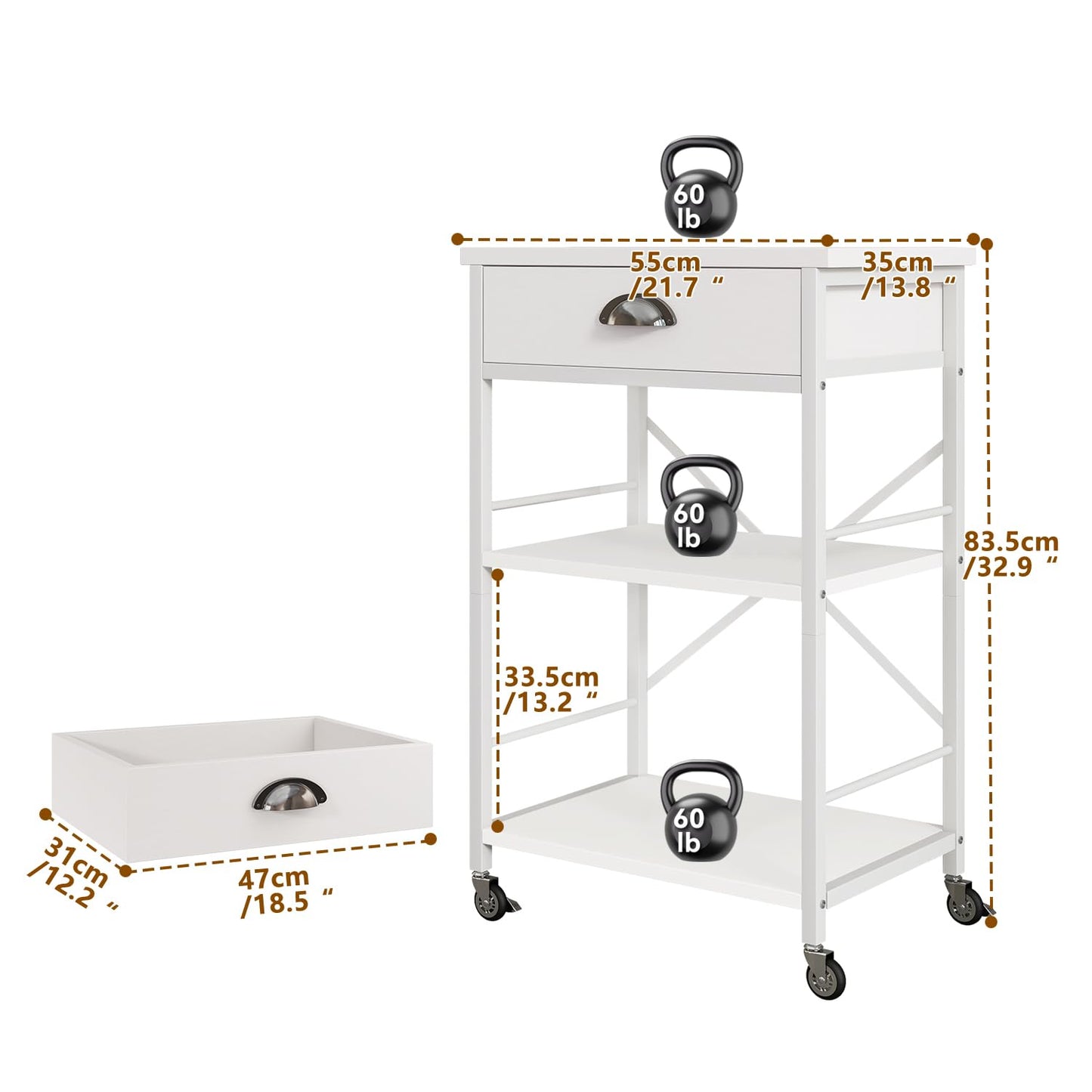 IBUYKE Kitchen Bakers Rack with Drawers,3-Tier Microwave Oven Stand with Storage, Coffee Bar Table with Wheels,Adjustable Shelf,Simple Assembly,White