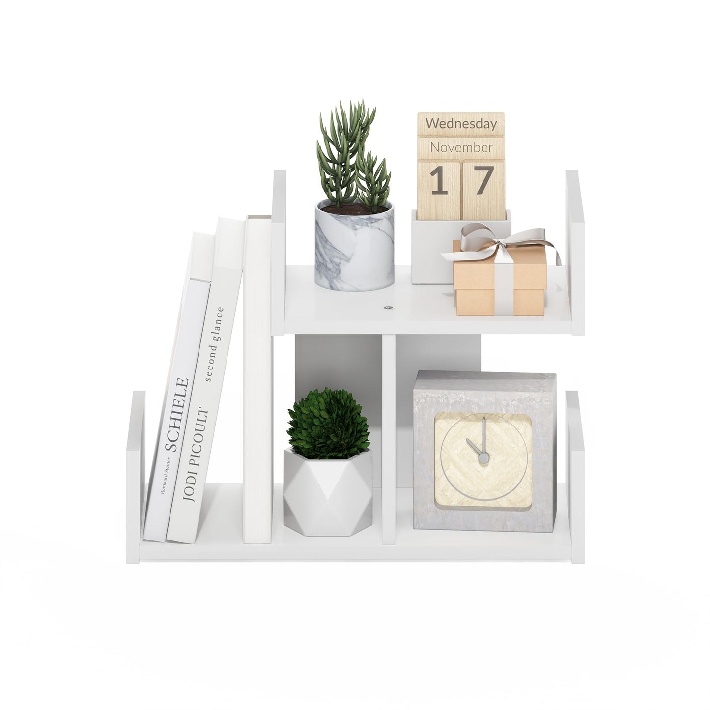Furinno Hermite Wooden Desktop Bookshelf Storage Organizer for Home and Office Supplies, White