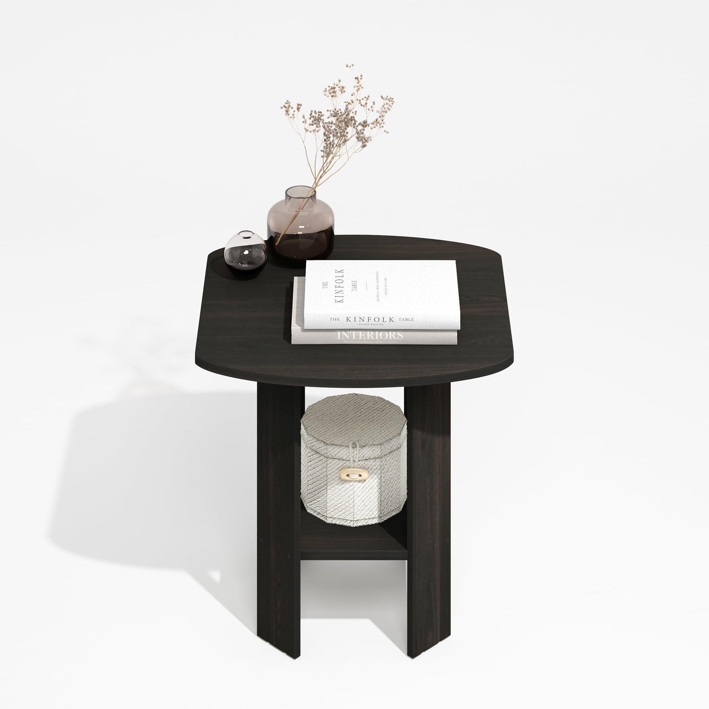 Furinno MODERN Side Table, Square Round Corner End Table with Storage Shelf, Night Stand, Bedside Table, for Living Room, Bedroom, Black Espresso