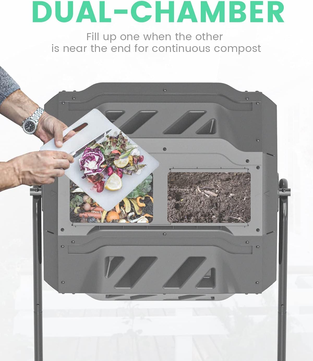 SQUEEZE master 160L Dual Chamber Compost Tumbler Bin Capacity rotatable, Better Air Circulation Efficient Compost, Rotating Tumbling Composter Bin for