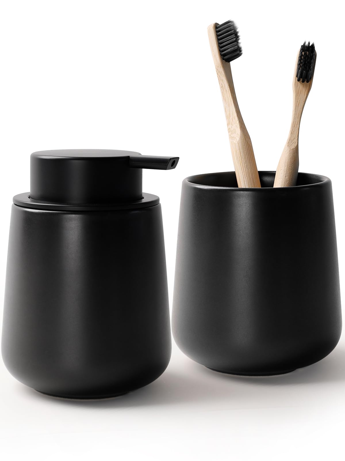 Bosilunlife Soap and Toothbrush Holder Set - Ceramic Bathroom Accessories Set Black Liquid Hand Soap Dispenser Set for Bathroom Toothbrush Holder and