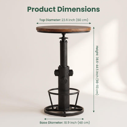 BOKKOLIK Vintage Bistro Table Height Adjustable 38.6-44.4inch Industrial Bar Table for Kitchen Dining Room Coffee House Pub Office Swivel Round
