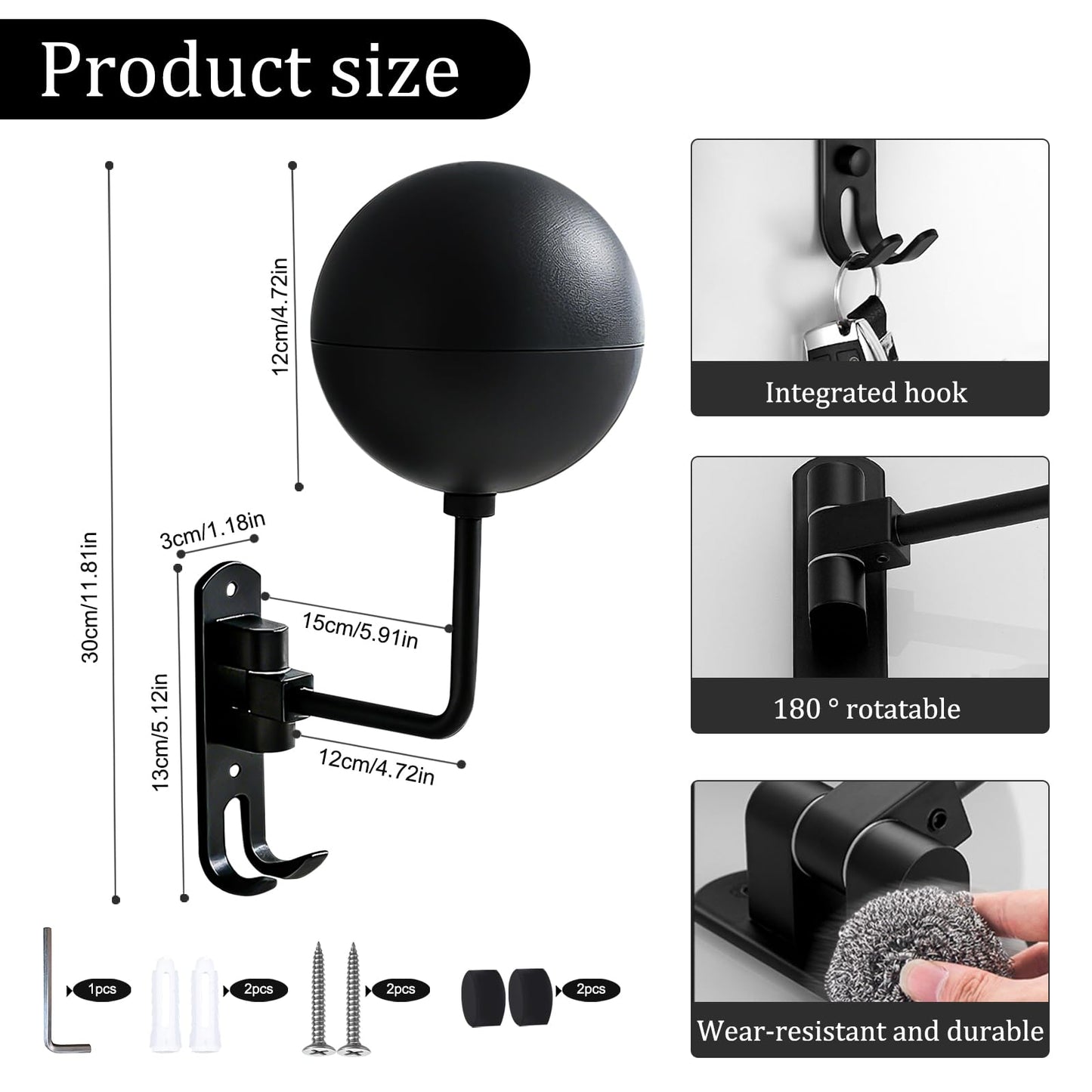 Griwuut 180° Motorcycle Helmet Rack Wall Mounted Rotatable Helmet Stand with 2 Hooks for Hard hat Handbag Coats Caps