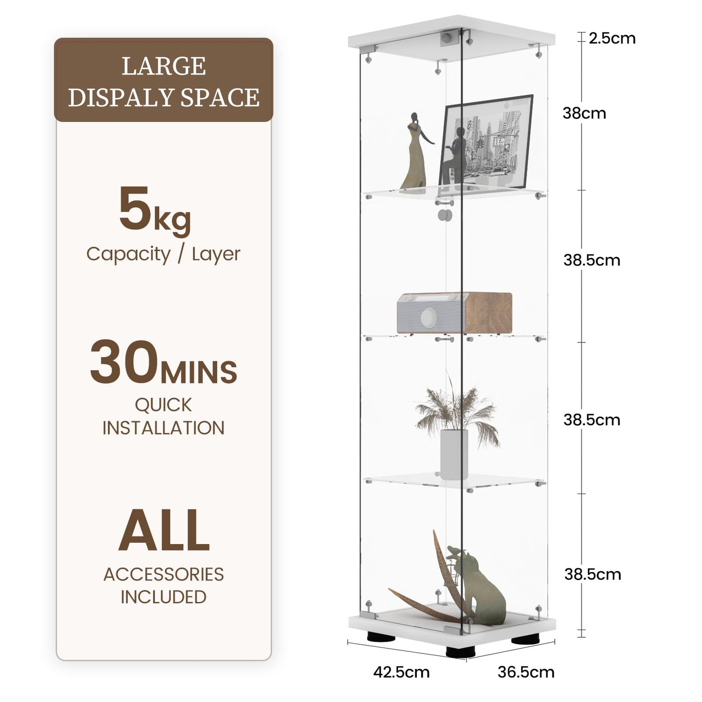 Beauty4U 4-Shelf Single Door Glass Display Cabinet, 163cm Tall, White