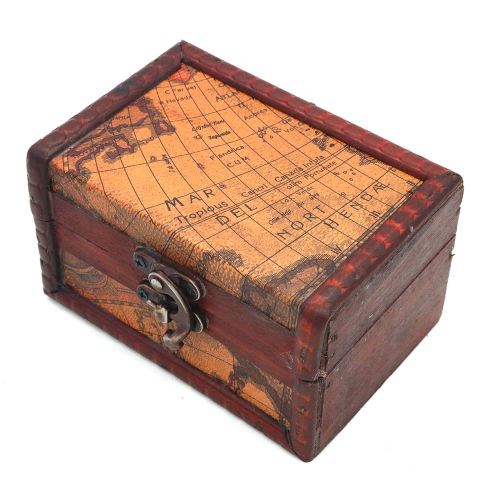 POFET Vintage Metal Lock Wooden Storage Box Jewelry Treasure Organizer Chest Case Gift Box - Map