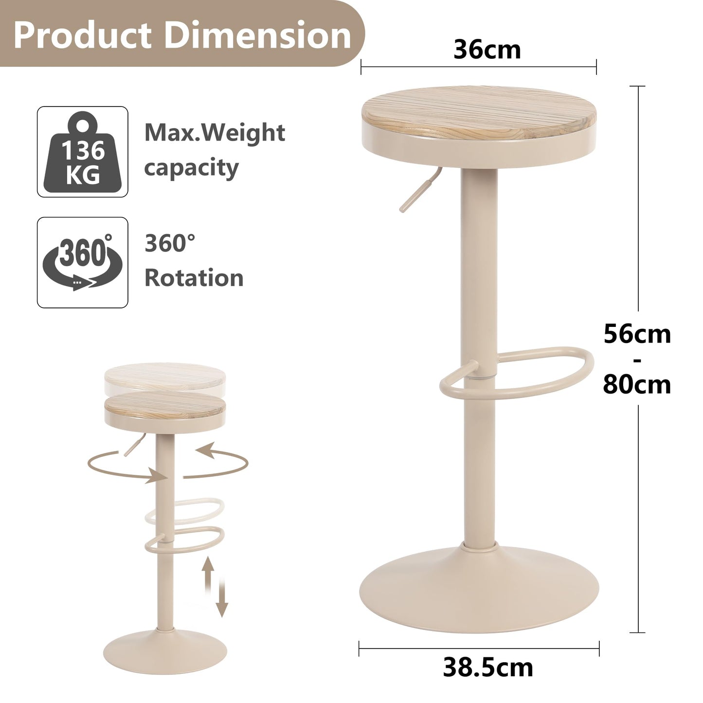 YOUNIKE Bar Stools, Solid Wood Counter Height Barstools Set of 2, Vintage High Adjustable 360° Swivel Metal Bar Chairs, Breakfast Kitchen Stools