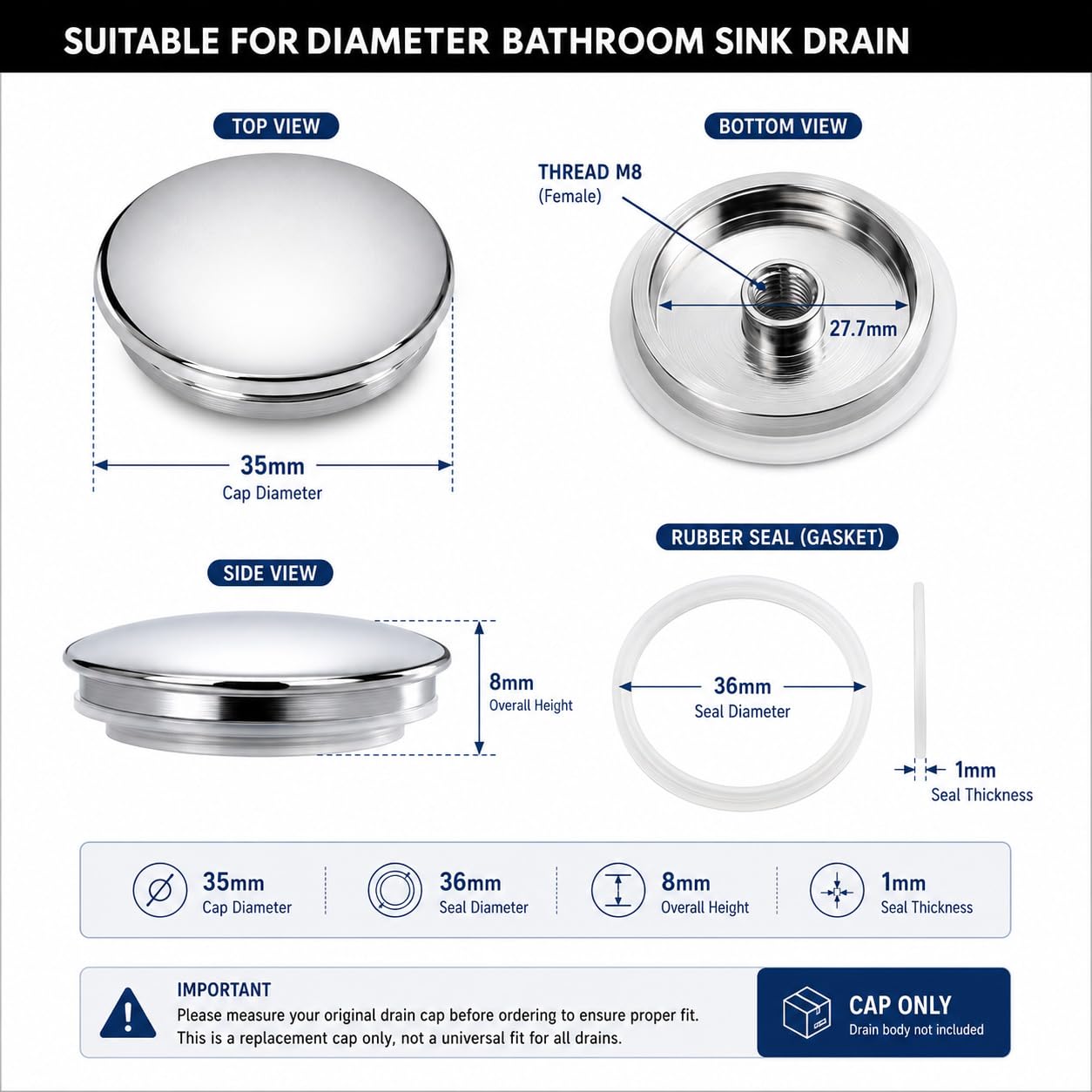 Pop Up Bathroom Sink 35mm Push Button Click Clack Plug Wash Basin Sink Tap Waste Bath Kitchen Drain Stopper Pop Up Plug Replacement Suitable for