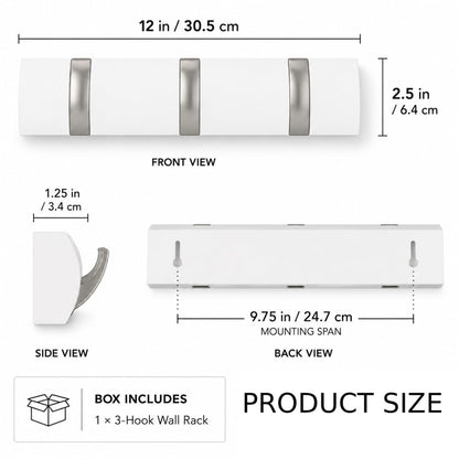 Terilamy Coat Hooks Wall Mounted, Self-Adhesive White Coat Hooks, Foldable Wall Hook with 3 Hooks, Space-Saving Coat Hanger