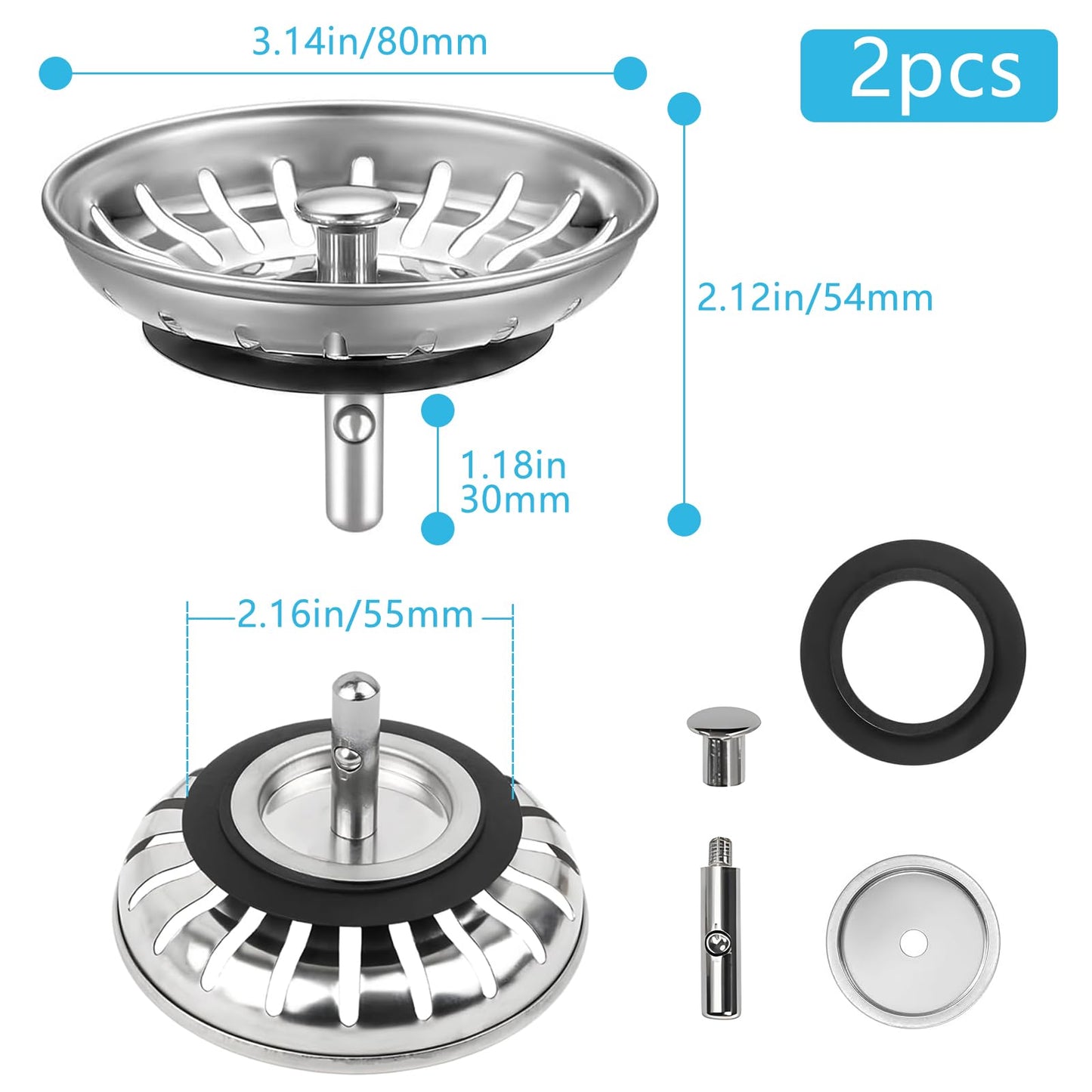 2 Pack Kitchen Sink Strainer, Stainless Steel Sink Plug Replacement, Sink Drain Stopper 3.15 Inch, Hole Diameter 80mm