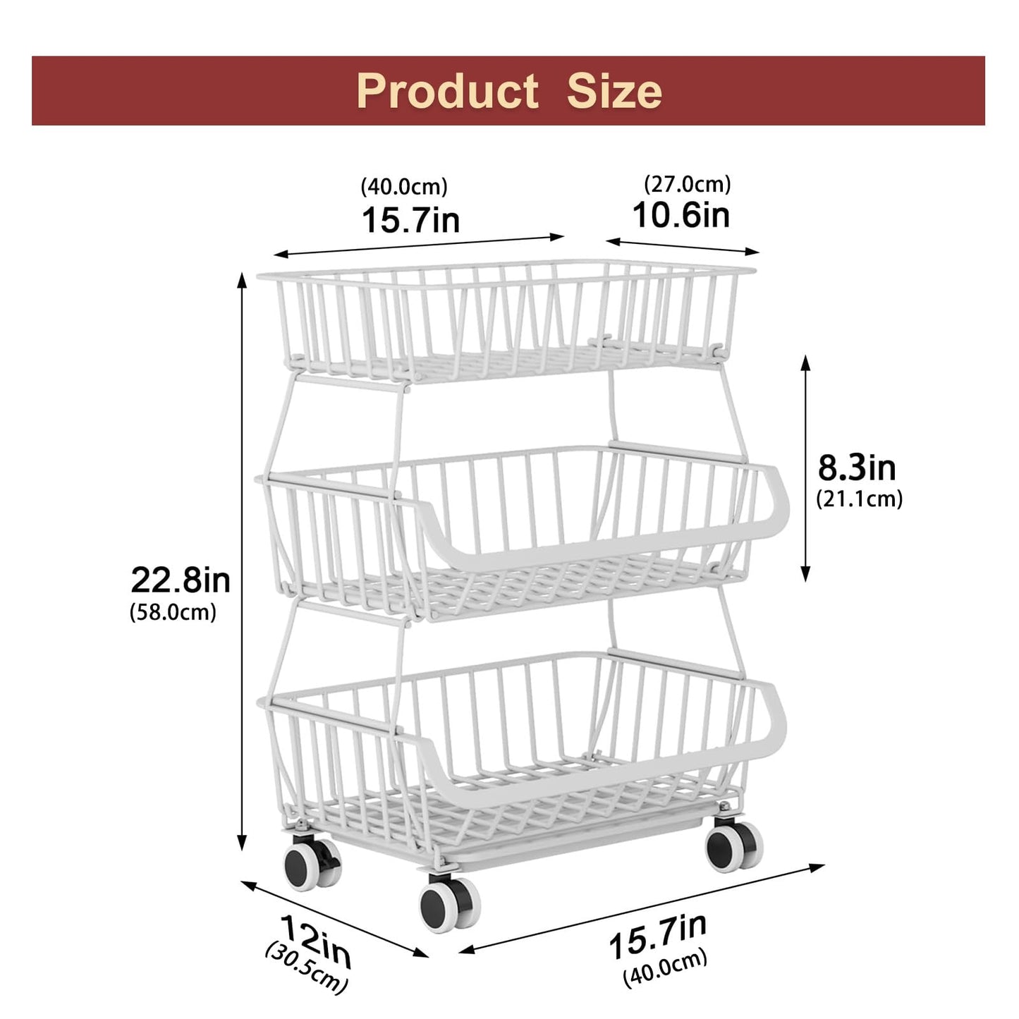 Miyawell 3-Tier Rolling Pantry Cart with Wheels, Stackable Wire Storage Floor Organizer for Kitchen Pantry Snack Shelves, Fruit Basket Stand