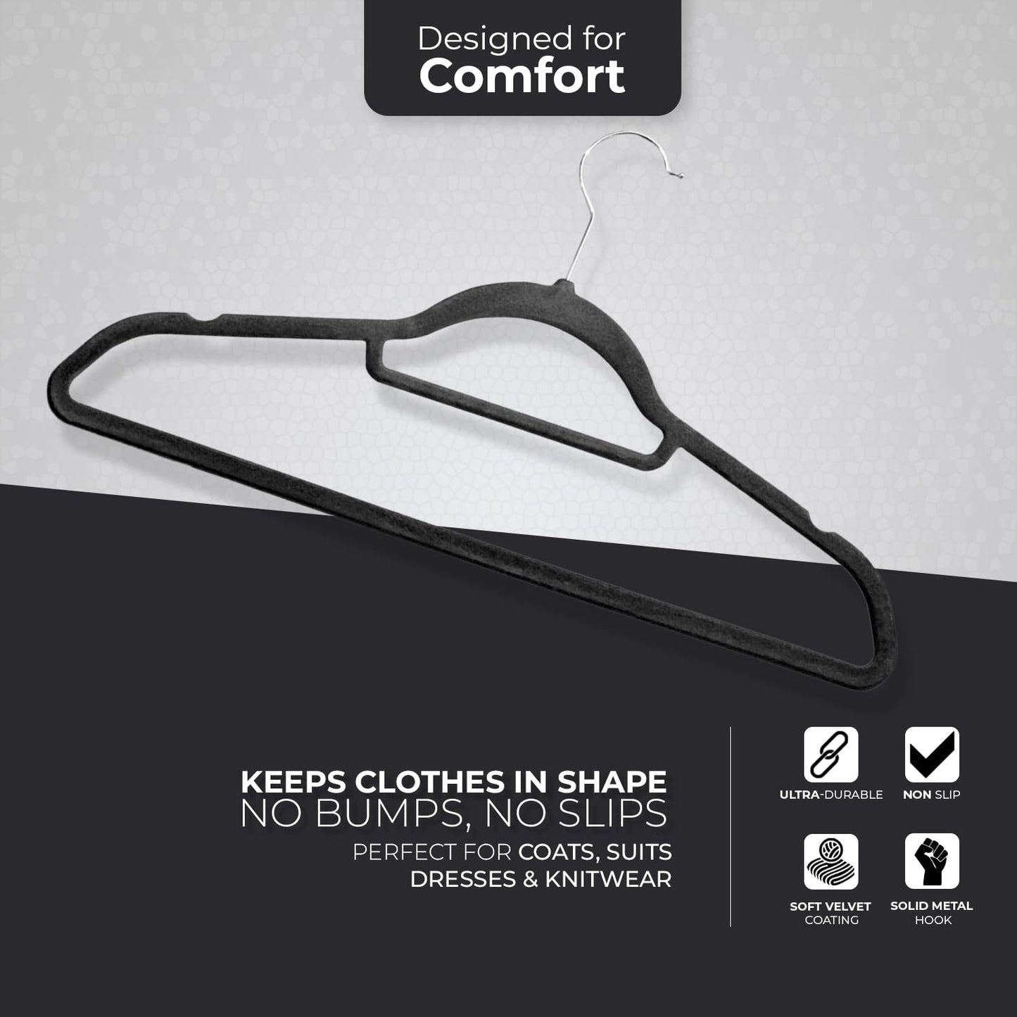 Roe Tenpo Coat Hangers, 20 Pack, Black | Velvet Hangers for Clothes with Tie Bar & 360° Hook | Durable & Sturdy | Non-Slip
