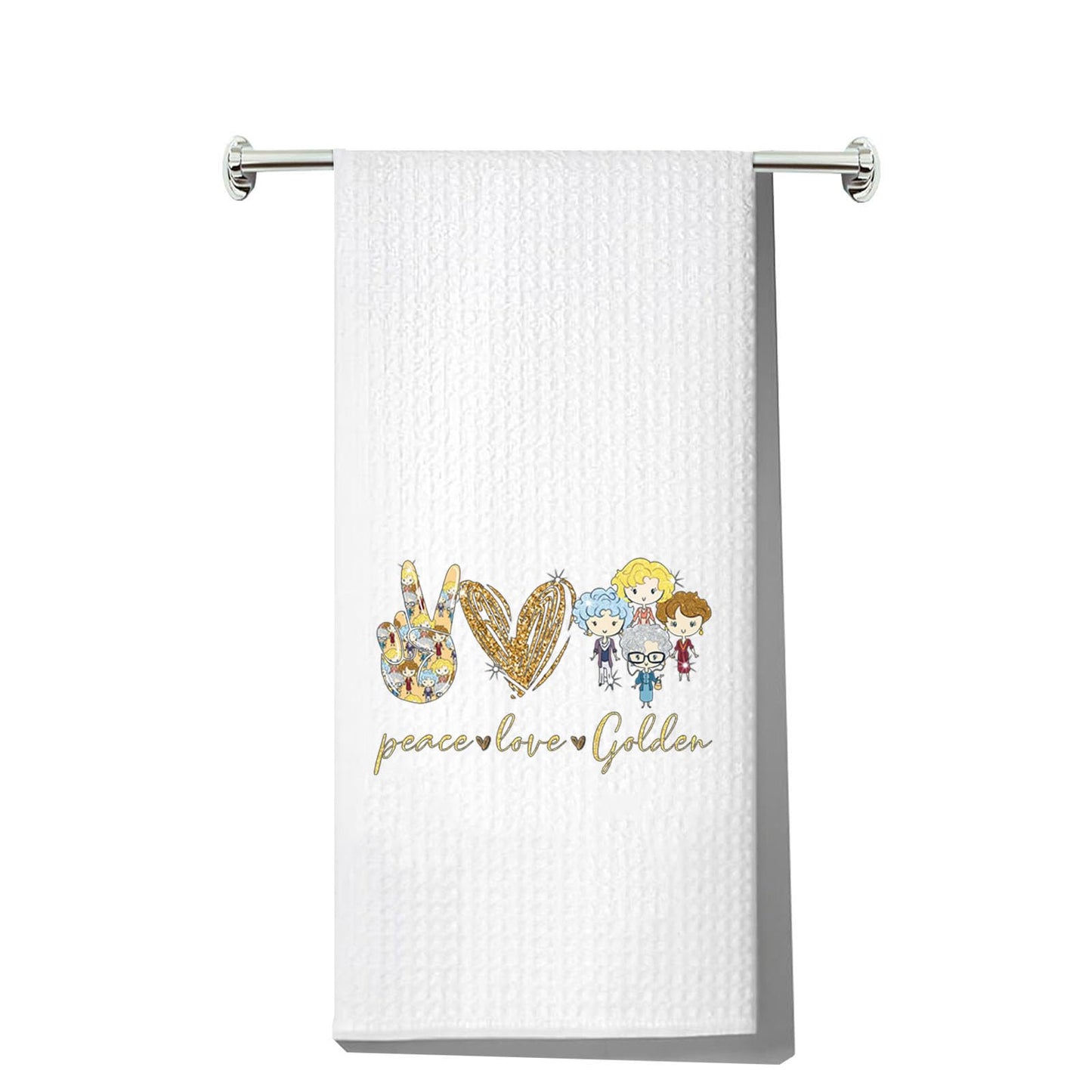 LEVLO Golden Girls Kitchen Towel Golden Girls Fans Gift Peace Love Golden Dish Towel Waffle Weave Golden Girls Kitchen Decor (Peace Love Golden)