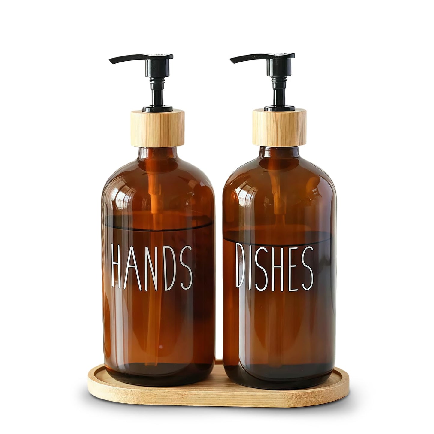2 Pack 500ml Amber Glass Soap Dispensers with Bamboo Tray - Refillable Hand & Dish Soap Dispenser Set for Kitchen Countertop and Bathroom