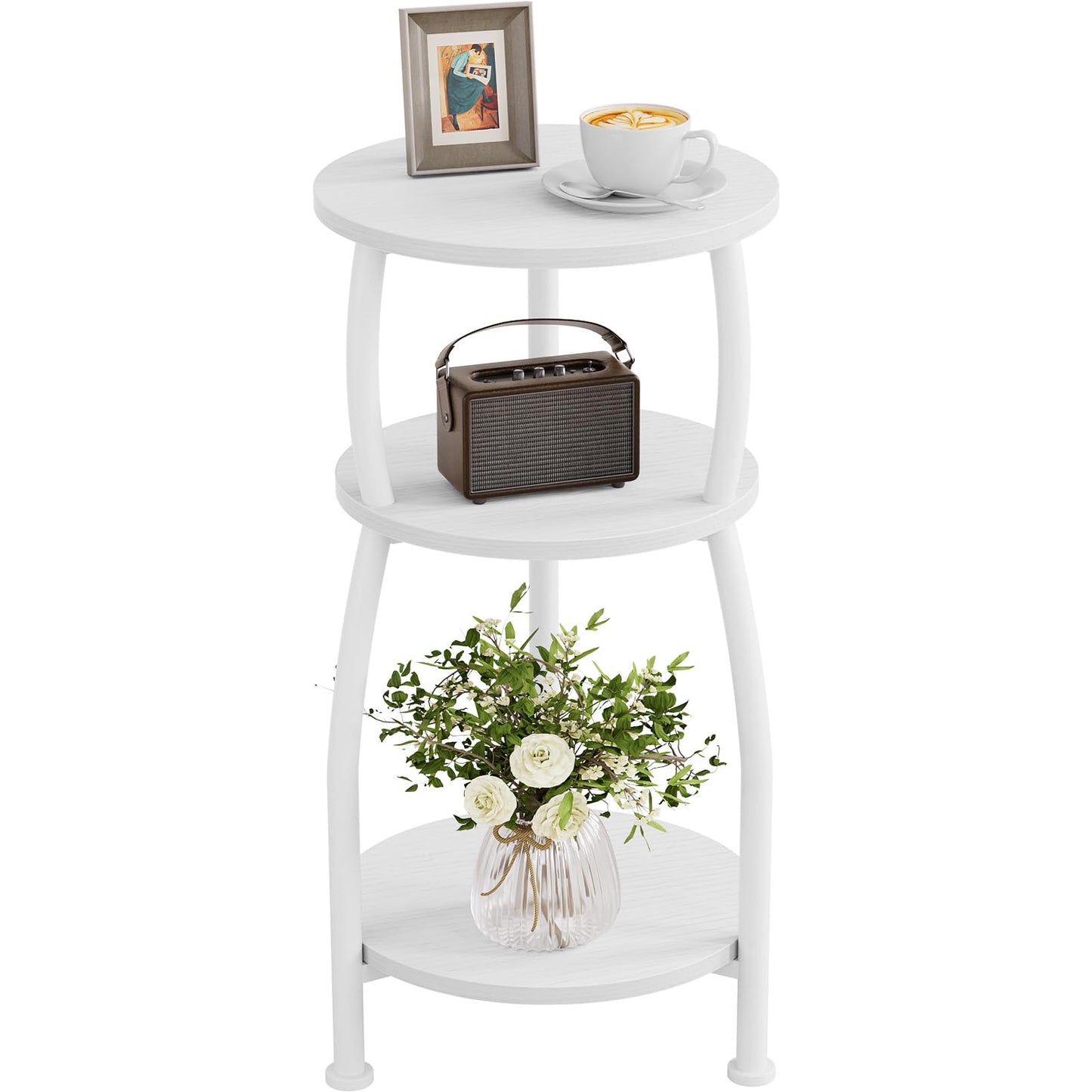 Yuede Round Side Table, 3 Tier Slim Round Coffee Table, Small End Table with Storage Shelf, Bedside Table, for Living Room, Bedroom, Small Space