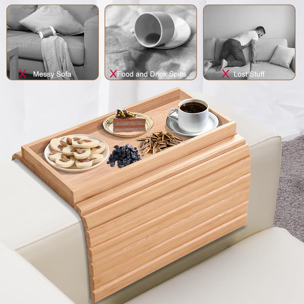 Duscdesp Bamboo Sofa Arm Tray, Anti-Slip Armchair Table, Couch Cup Holder Tray, Foldable, Collapsible, Rectangular, Bamboo A