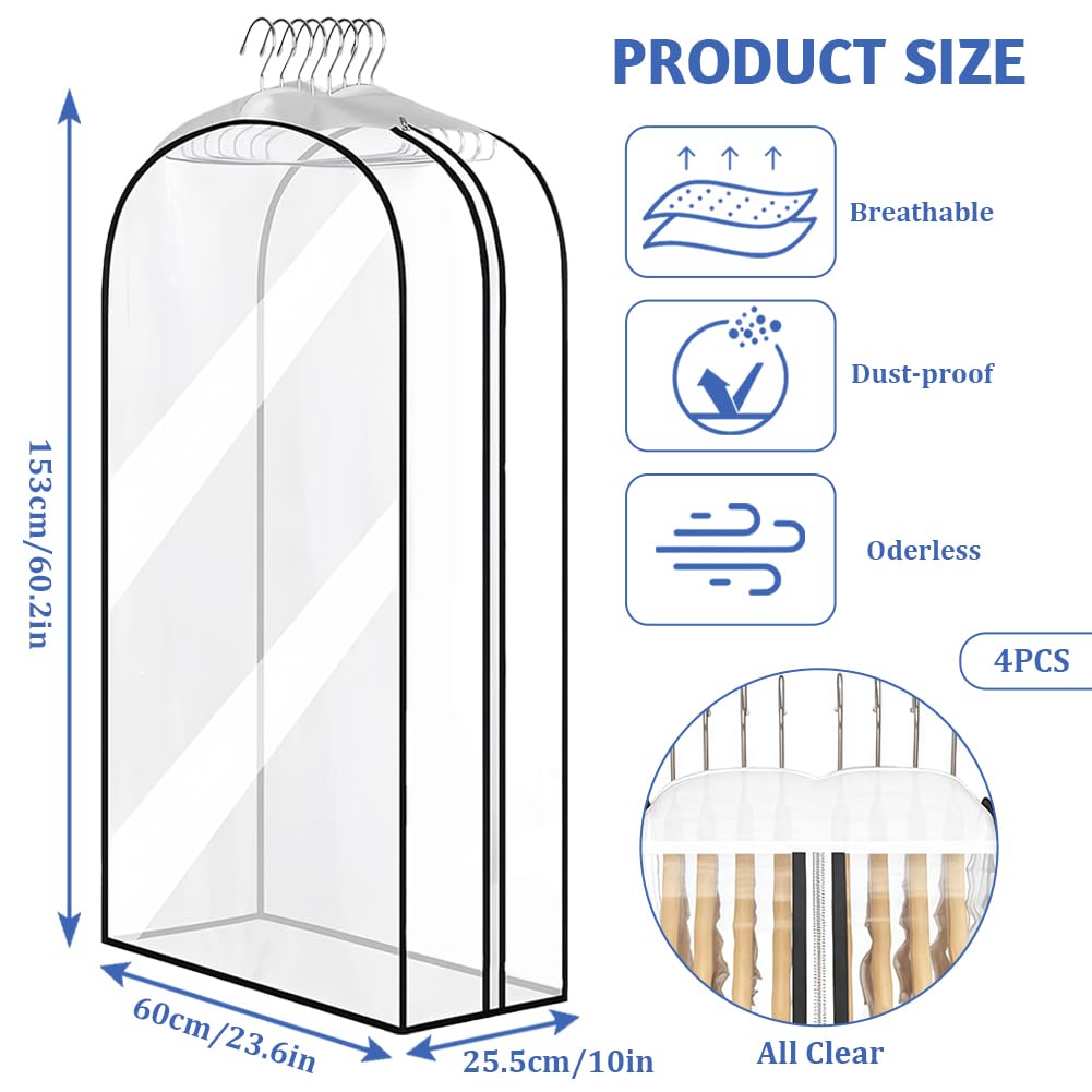 AMFUN Garment Bags, 4PCS Full Clear Dustproof Garment Bags, Moth Proof Clothes Covers with Zip, Waterproof Suit Storage Bags for Coats, Jackets