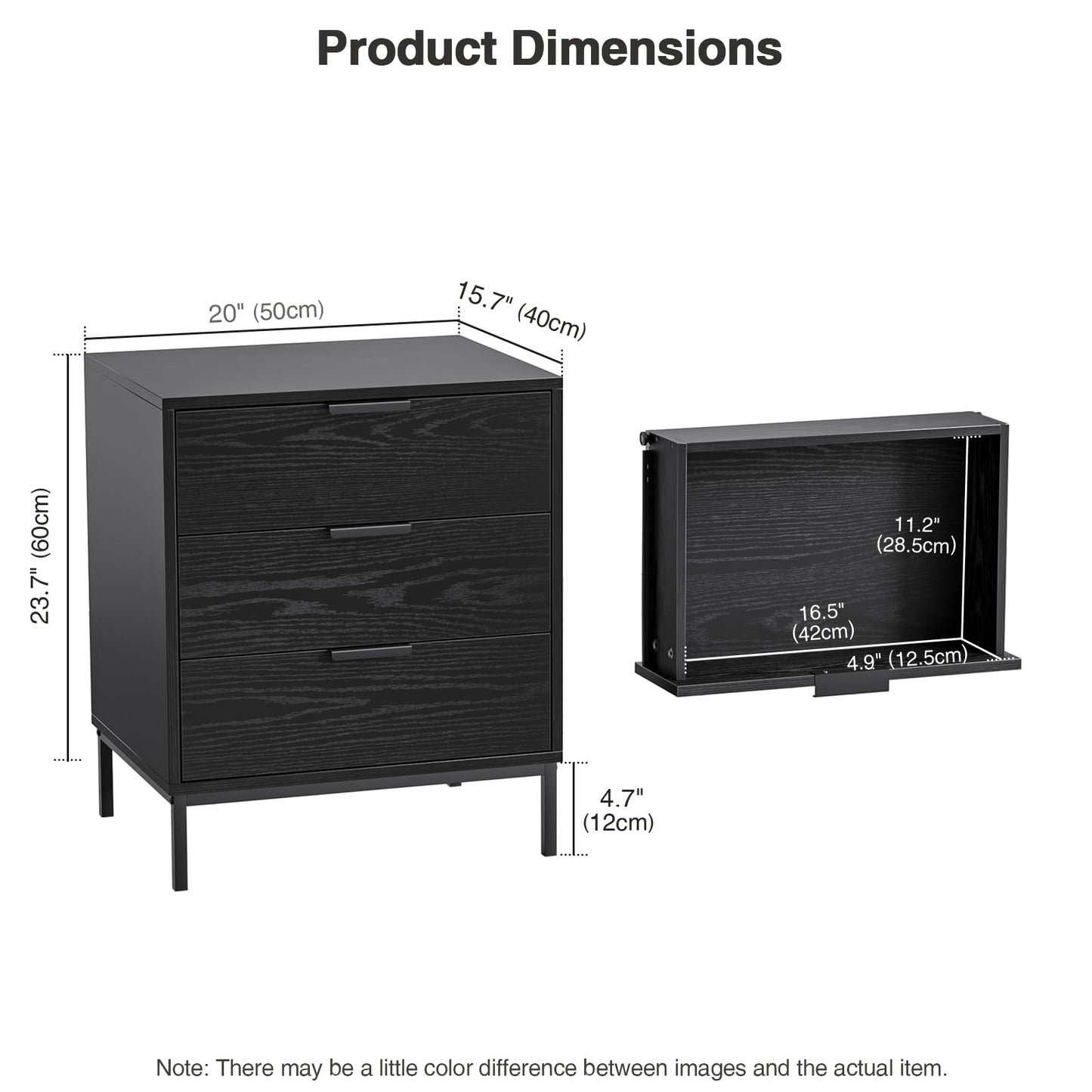 Skokliz Bedside Table with 3 Drawers, Black Nightstand for Bedroom, Wood Modern End Table for Living Room, Small Spaces, 50x40x60cm
