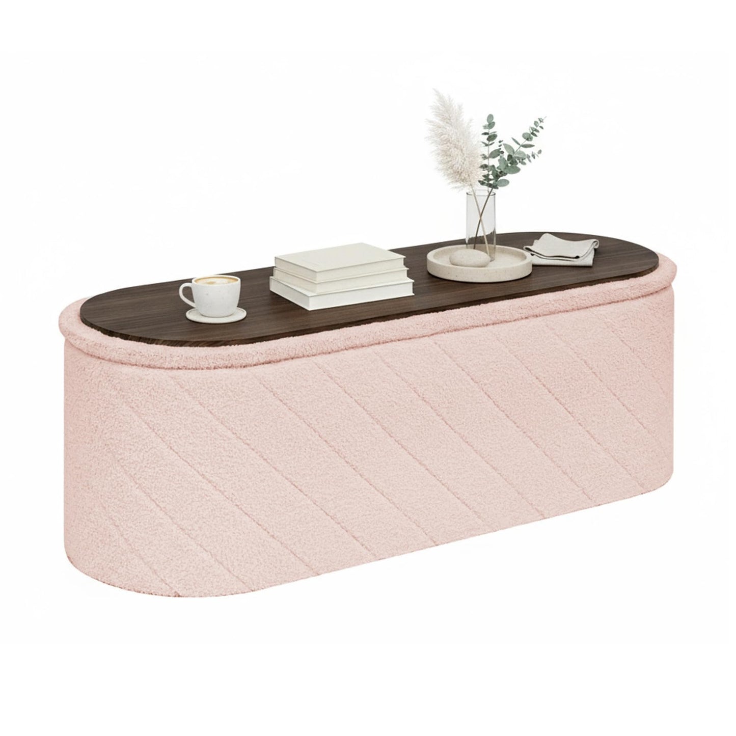Bonlife Oval Ottoman with Storage Bench, Folding Foot Rest with Lid, Boucle End of Bed Bench,Foostool for Living