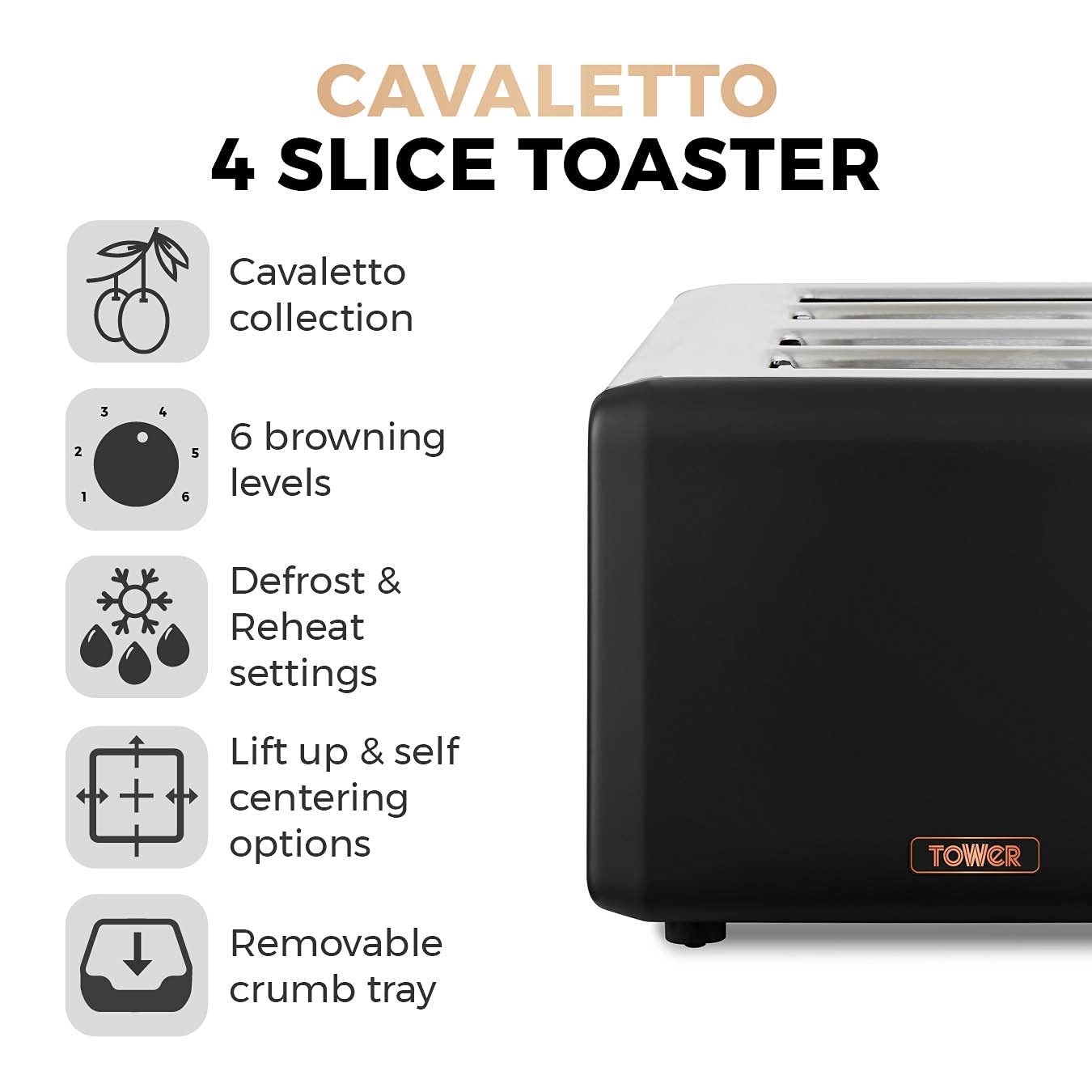 Tower T20051RG Cavaletto 4-Slice Toaster with Defrost/Reheat, Stainless Steel, 1800 W, Black and Rose Gold
