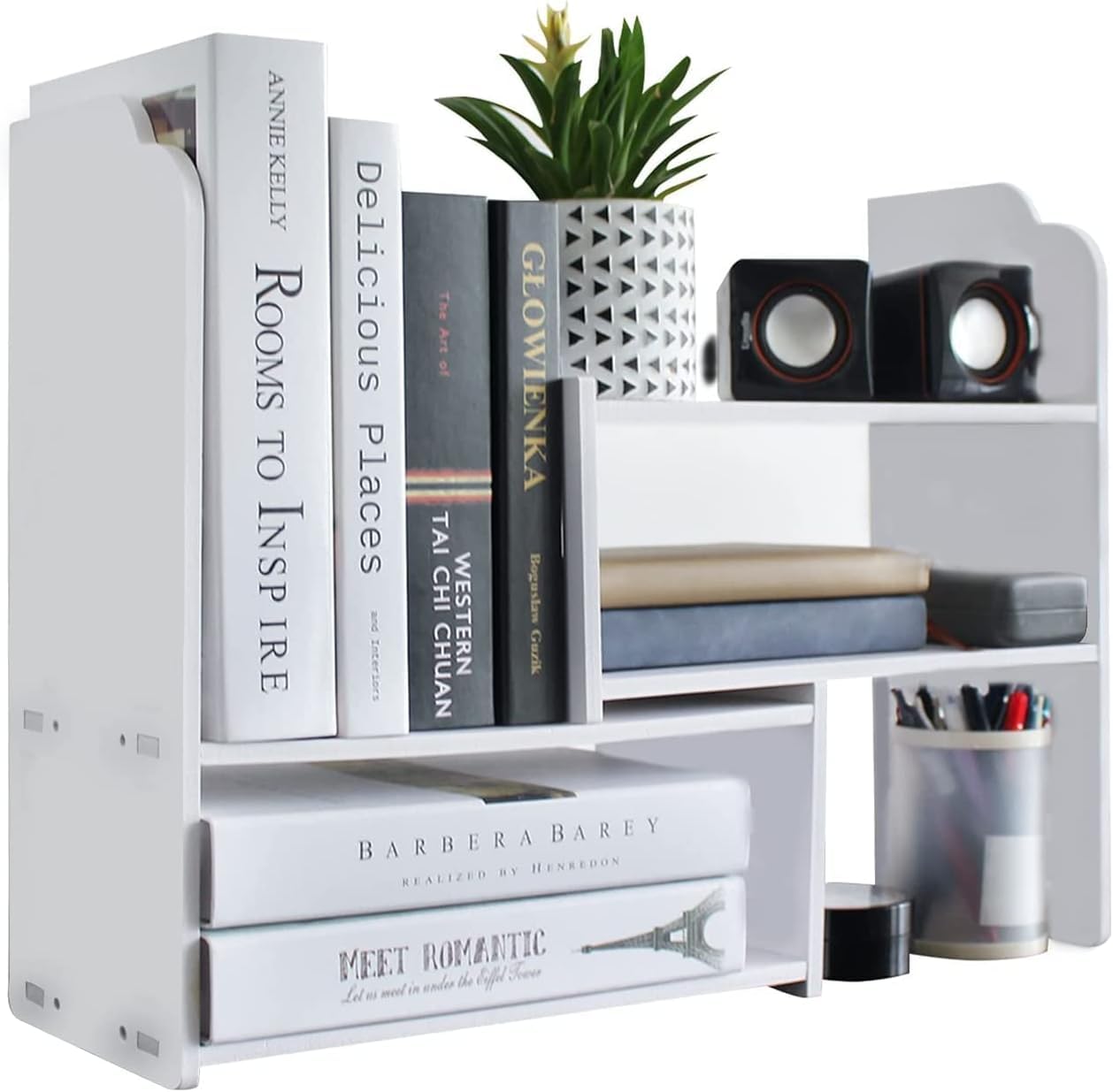 DoToGo Desk Shelf Organizer, Deskop Bookshelf for Small Space Adjustable Expendable for Office, Home, Kitchen (white-wlk)