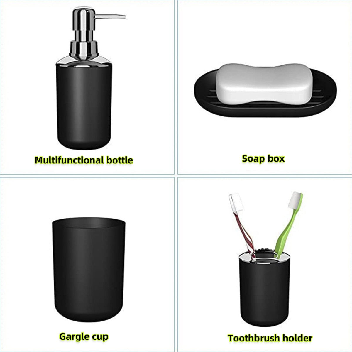 Hosoncovy 4 Pieces Bathroom Accessory Set with Soap Dispenser, Bathroom Cup, Soap Dish ，Toothbrush and Toothpaste Holder Black