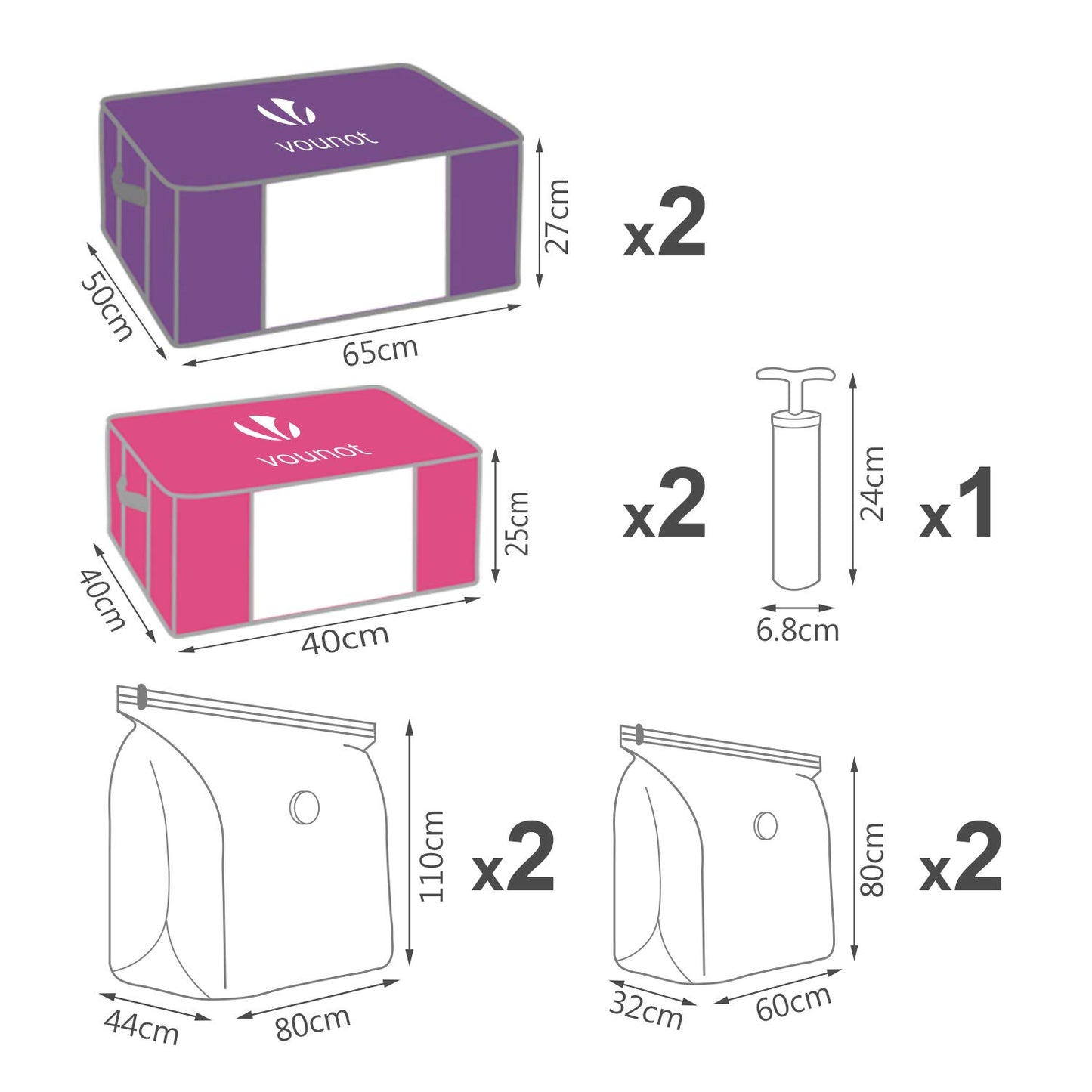 VOUNOT Set of 4 vacuum storage bag Large Capacity XXL | 4 Vacuum bags with 4 storage boxes | 2 small model 154L and 2 large models 484L