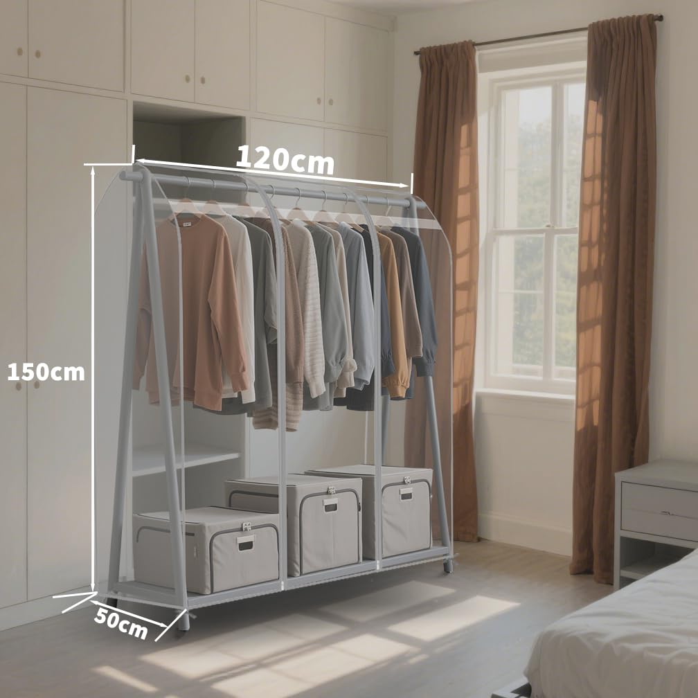 DecacnX Transparent Clothes Rail Cover 4FT Dustproof Breathable Garment Rail Cover Double Protective Zip for Easy Access