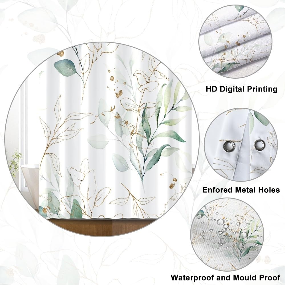 Uiiooazy Eucalyptus Shower Curtain, Sage Green Gold Leaves Pattern Bath Curtain Mildew and Mould Resistant Waterproof Polyester Fabric Washable