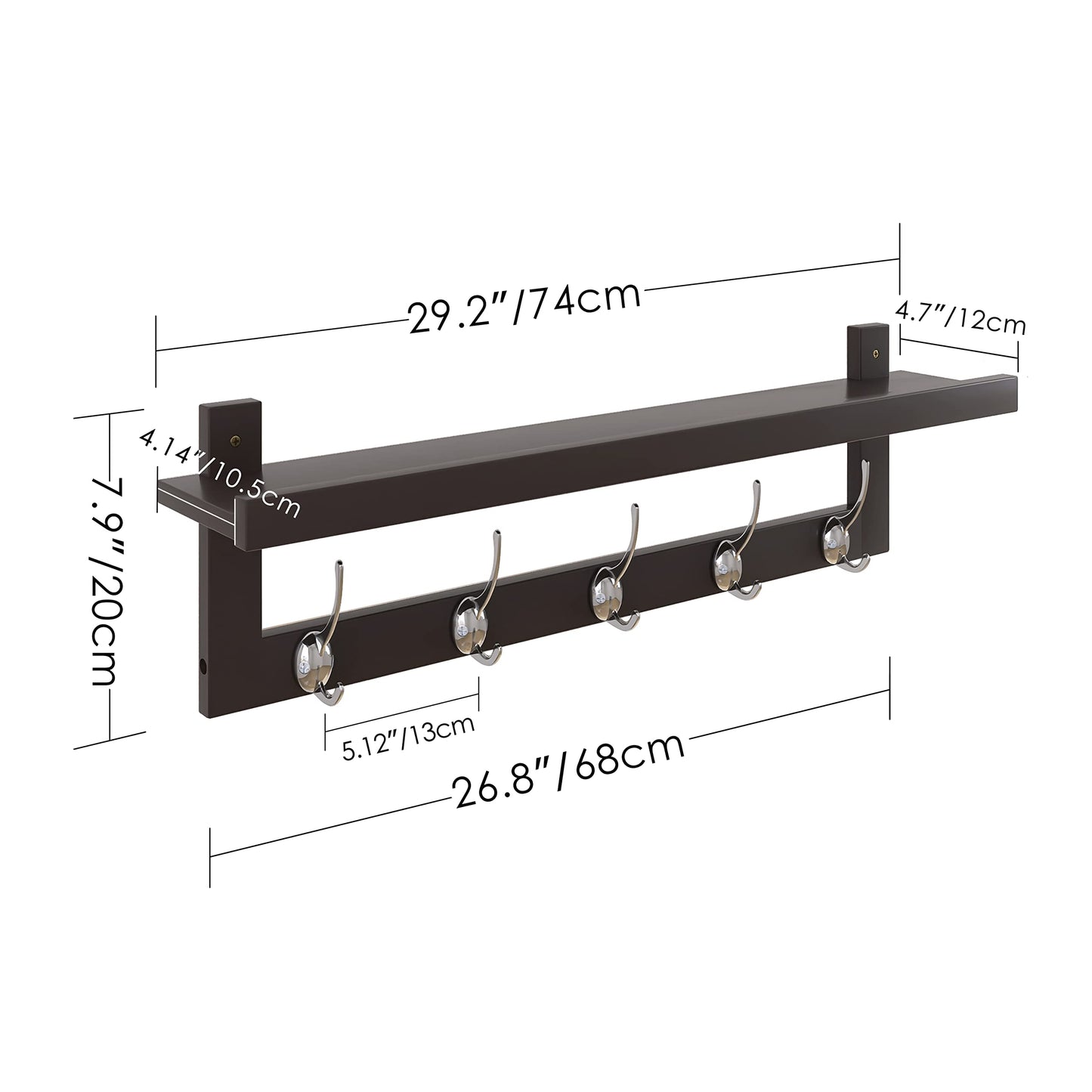 SMIBUY Coat Hooks with Shelf Wall-Mounted, 74 cm Entryway Coat Rack for Wall, Bamboo Hanging Shelf with 5 Double Metal Hooks for Bathroom, Bedroom