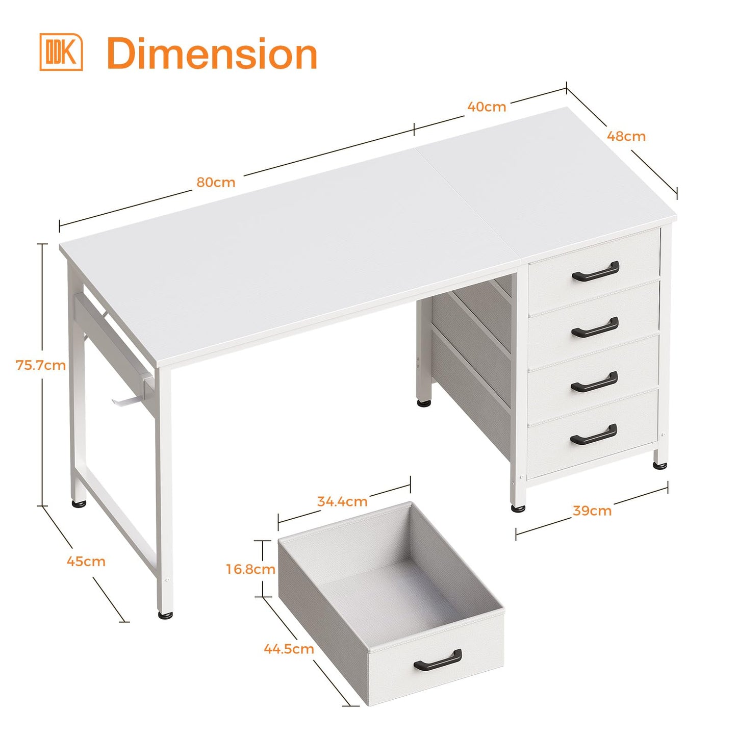ODK Computer Desk with Drawers, Reversible Office Desk, 120 x 48 cm, White