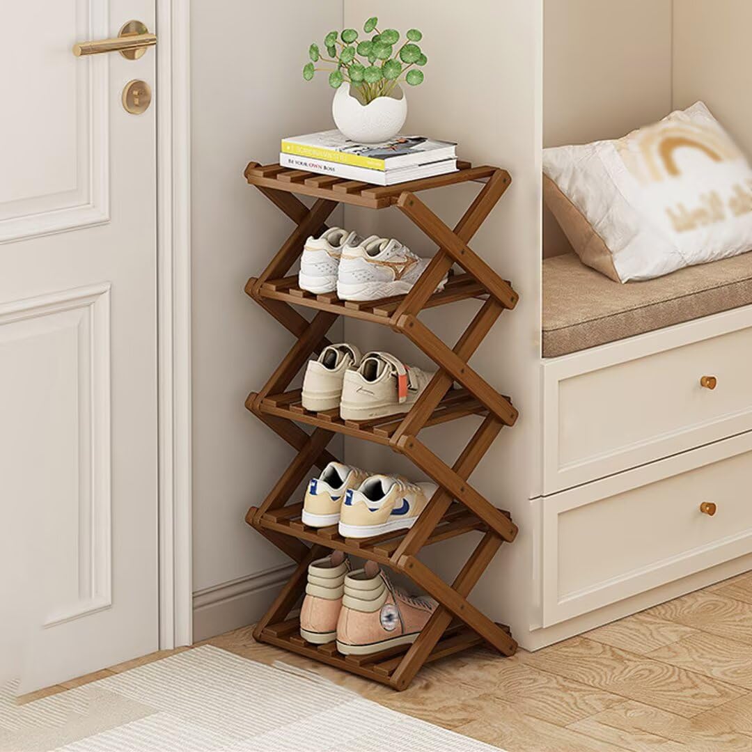 Tielag Vertical Shoe Rack Folding 5 Tier, Narrow Shoe Storage Rack, Bamboo Shoe Shelf, Tall Shoe Stand, Without Installation