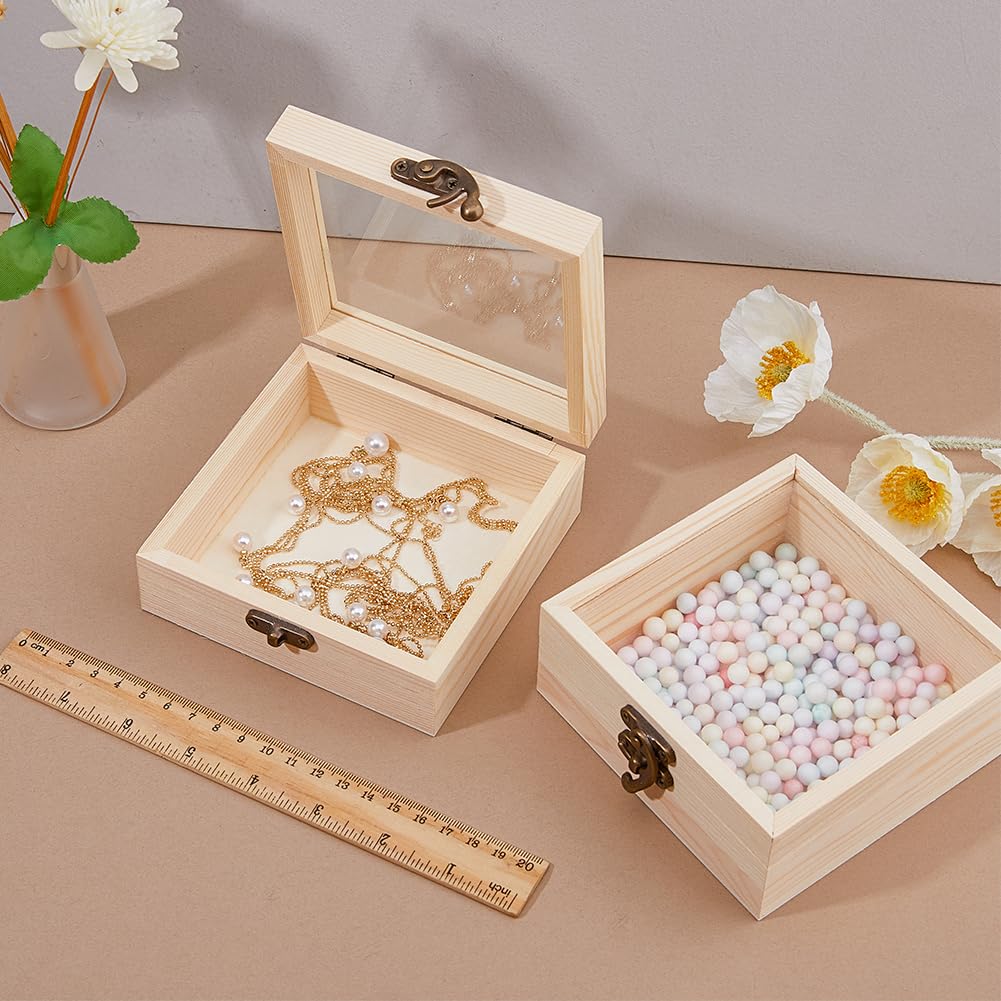 DICOSMETIC 2pcs Wooden Box with Glass Lid Small Wooden Box with Clear Lid Unfinished Wood Gift Boxes with Metal Clasp for Jewelry Storage Gift