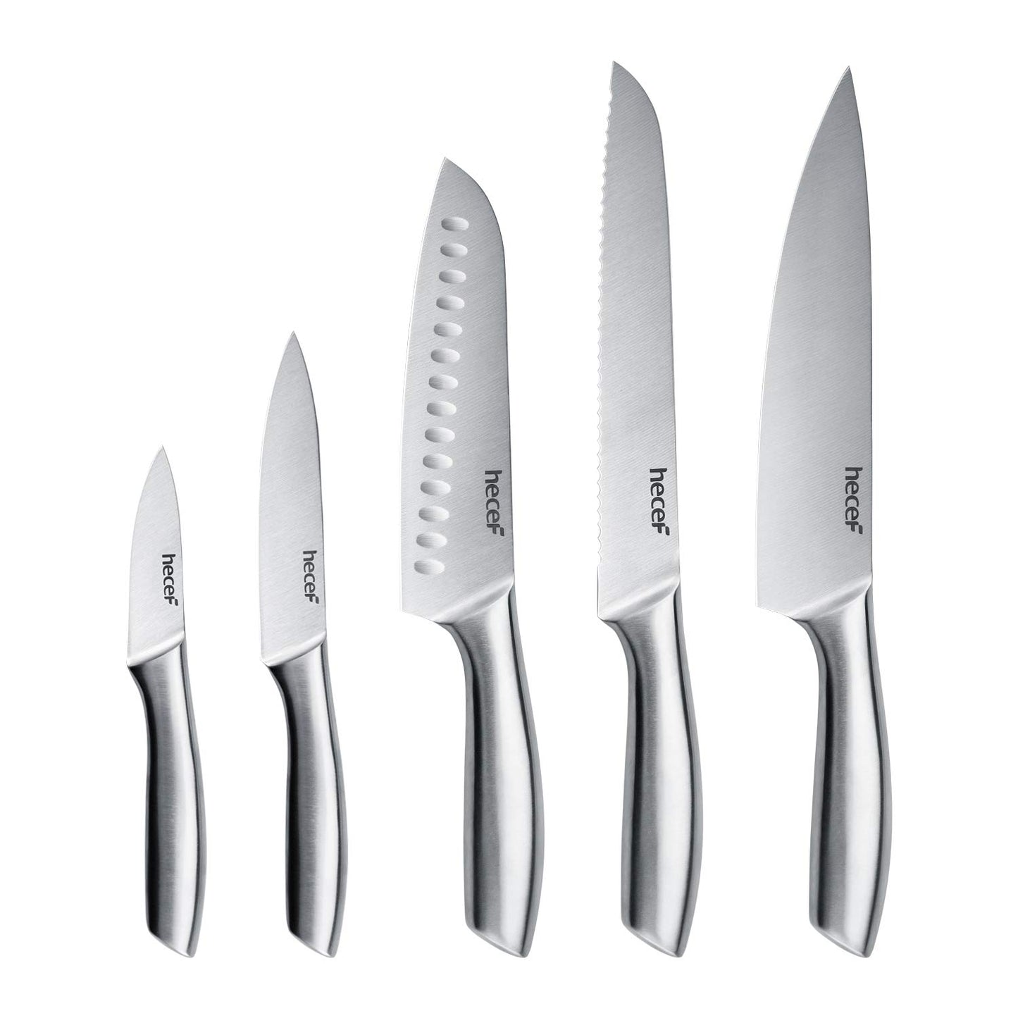 hecef Premium Kitchen Knife Set of 5, Satin Finish Blade with Hollow Handle, Includes 8" Chef, 8" Bread Knife,8" Santoku,5" Utility & 3.5" Paring
