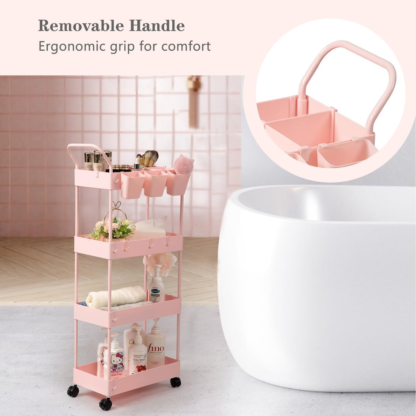 danpinera 4-Tier storage trolley, storage trolley on wheels, beauty trolley with Dividers & Hooks & Hanging Cups, kitchen trolley