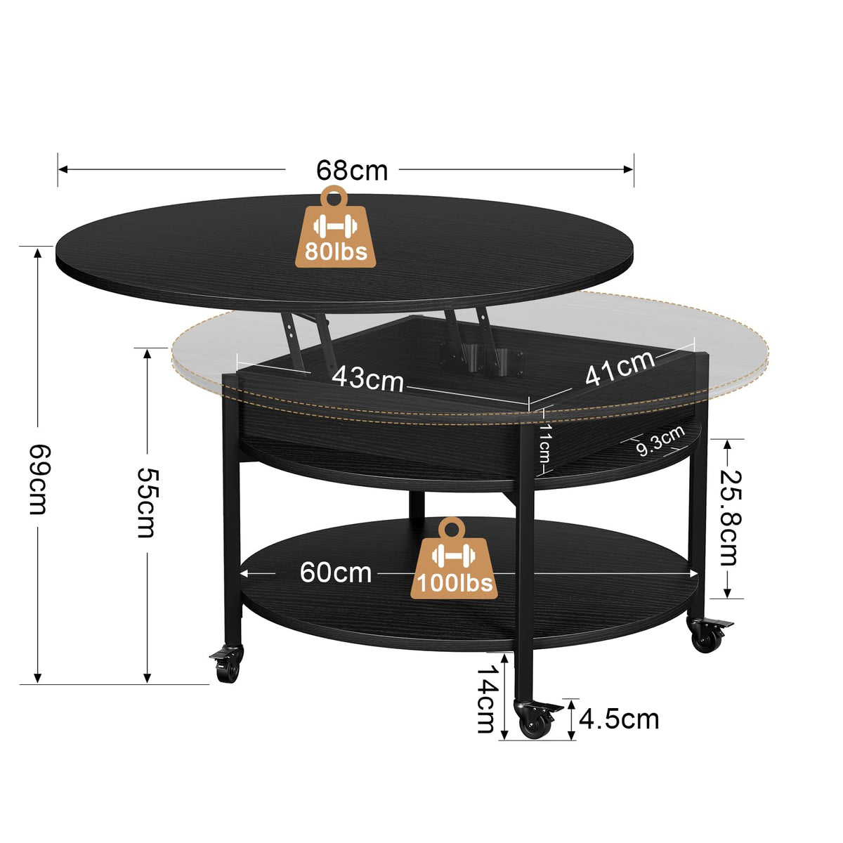 Mossora Round Lift Top Coffee Table with Wheels, Circle Center Table with Storage and Compartment, 68 cm Rolling Coffee Tables for Living Room