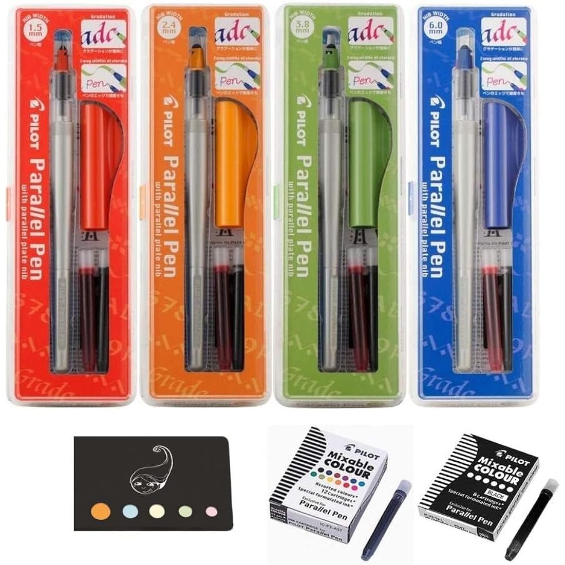 Set of 4 Parallel Pen Cases: 1.5 mm + 2.4 mm + 3.8 mm + 6 mm + 12 Assorted Colours + 6 Black Cartridges + 1 Blumie Adhesive Index