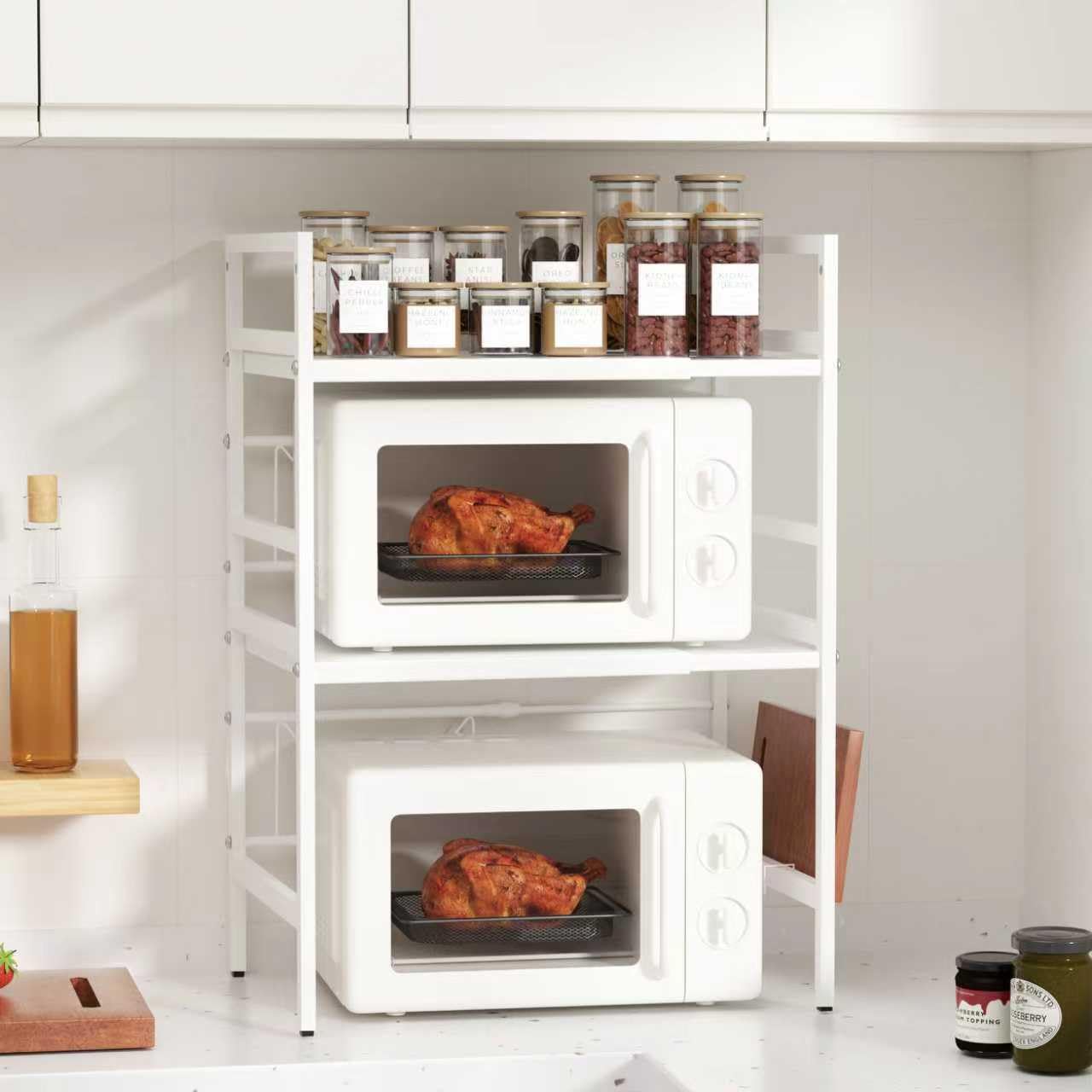 Furnestorica Retractable and Adjustable Microwave Rack, 3-Layer Microwave Shelf Made of Carbon Steel, Robust Holder with 6 Hooks