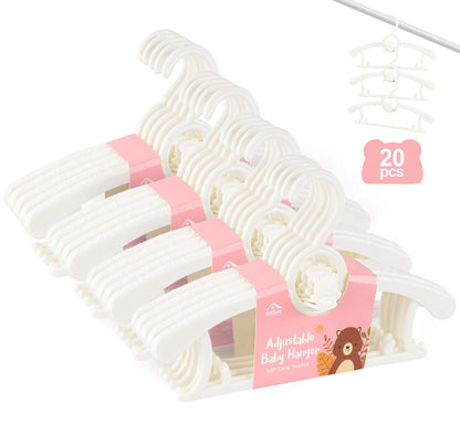 Anstore 20 Pack Plastic Nursery Hangers, Extendable Baby Hangers for Clothes, Children Coat Hangers with Space-Saving Stackable Hooks