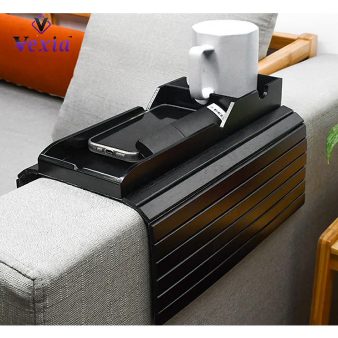 Vexia Couch Caddy Sofa Arm Tray with Phone & Tablet Holder | Flexible Black Bamboo Armrest Table for Drinks, Remotes & Snacks