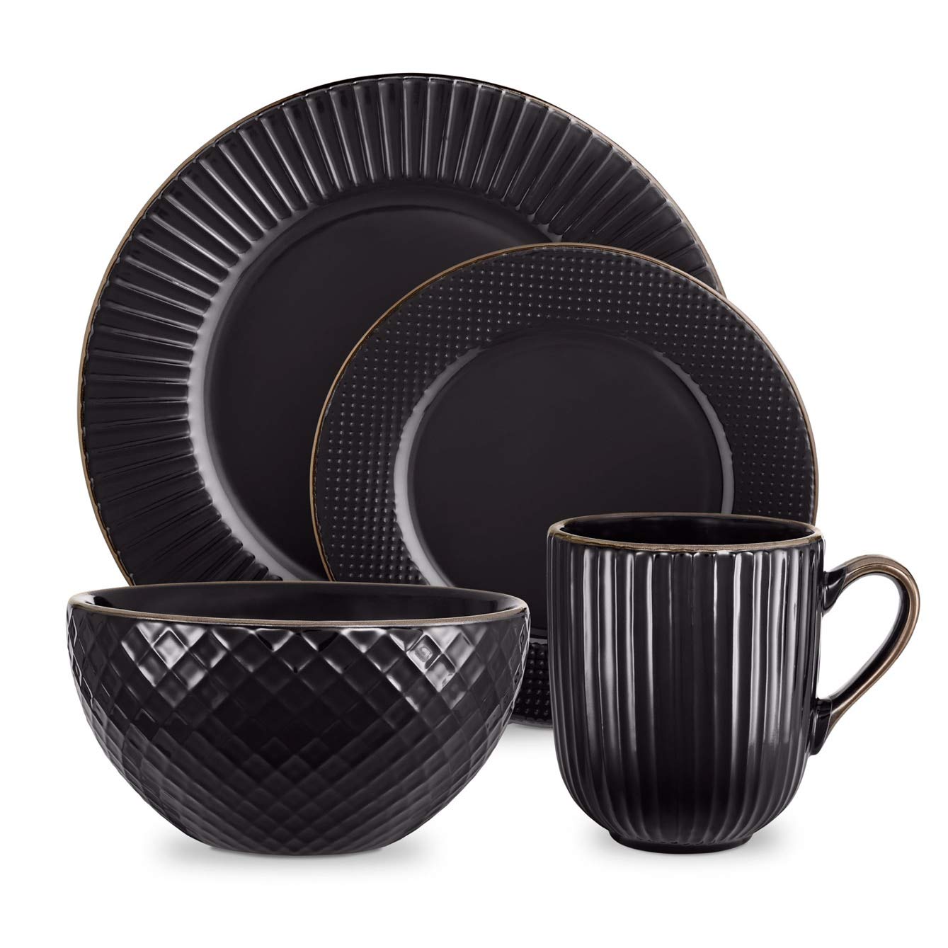 Tower T867002BLK Empire 16 Piece Dinnerware Set, Stoneware, Black and Brass
