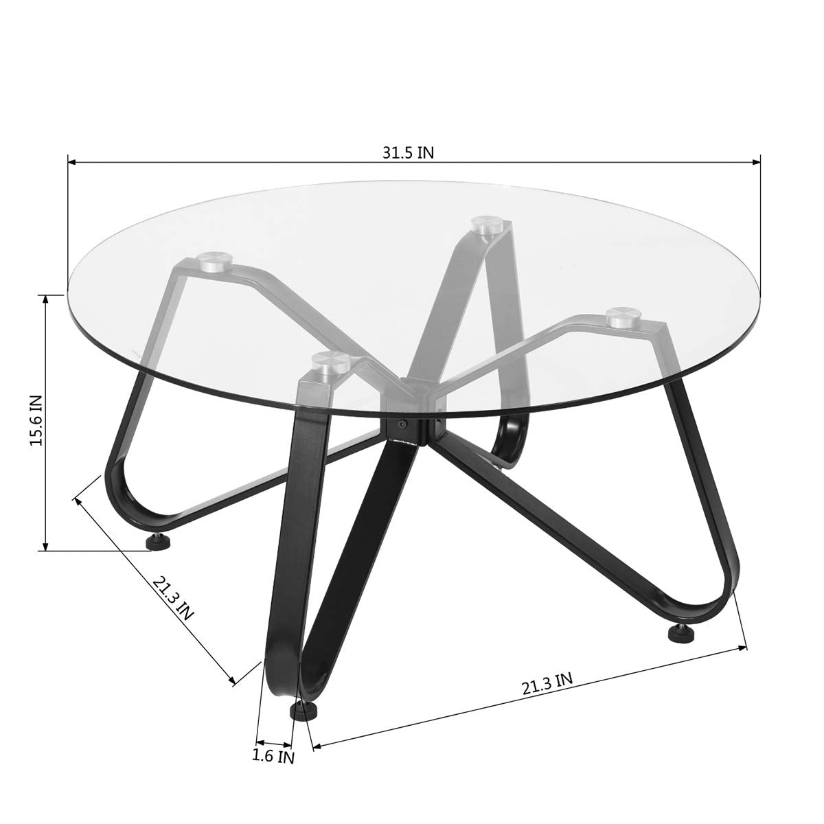 FurnitureR Coffee Table D80cm Round Modern Glass Tea Table Easy Assembly Tempered Glass for Living Room