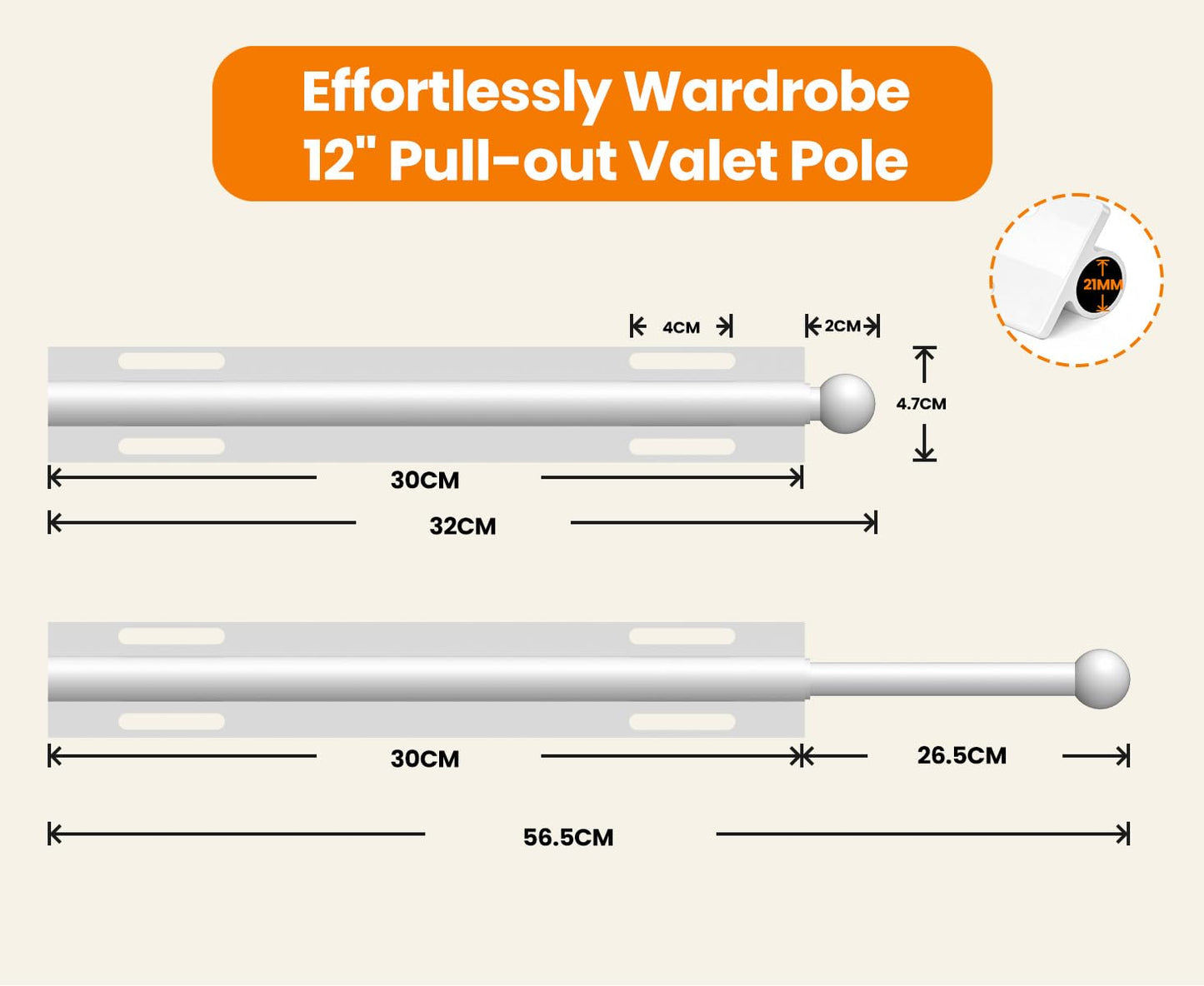 Widyana Telescopic Wardrobe Rail | Extendable Valet Rod for Clothes (12”) | Adjustable Pull-Out Hanging Rail for Suits & Next-Day Outfits, White