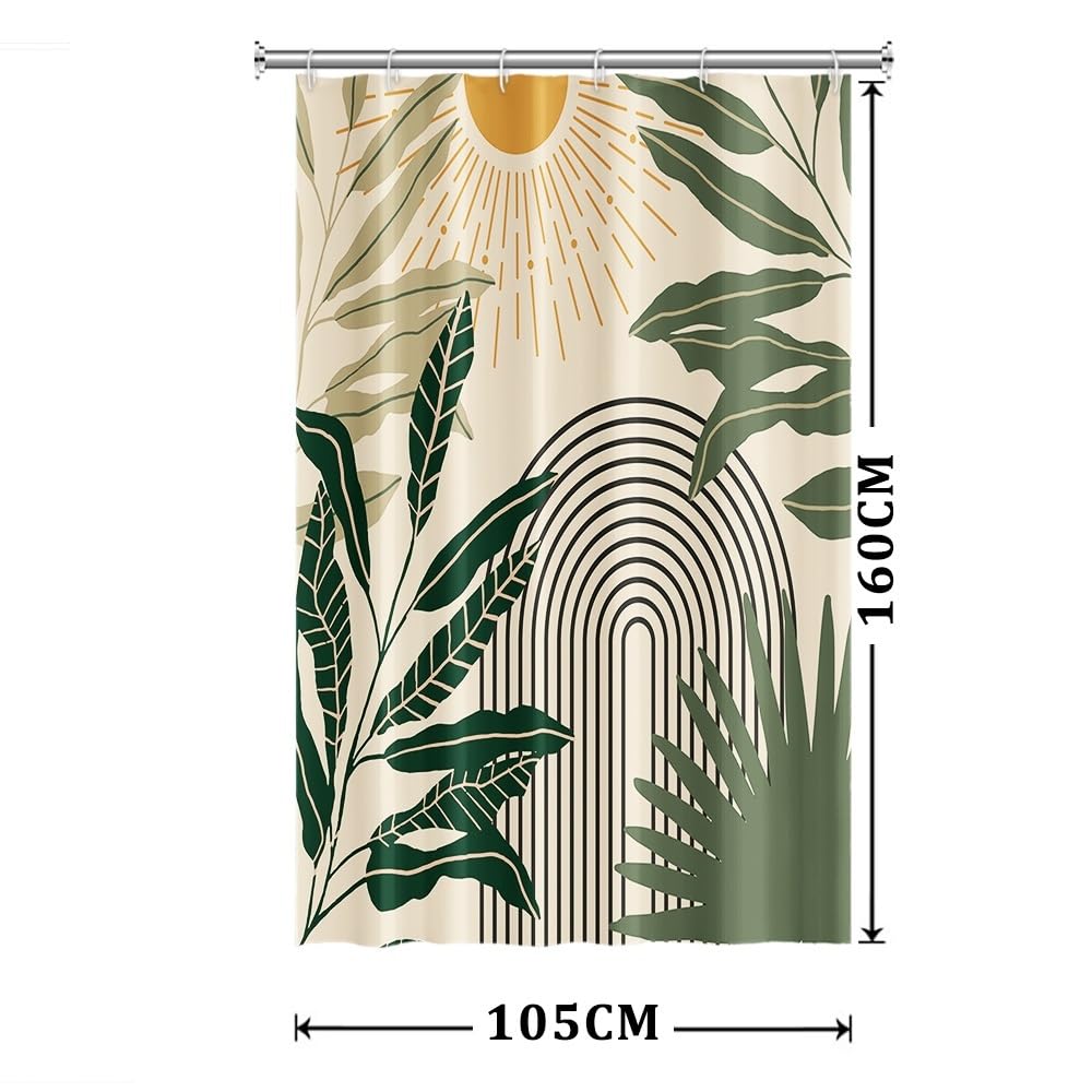 Xiaoterna Mid Century Boho Beige Shower Curtain Abstract Neutral Color Green Leaves Arch Lines Sun Waterproof Bathroom Curtains Minimalist Aesthetic