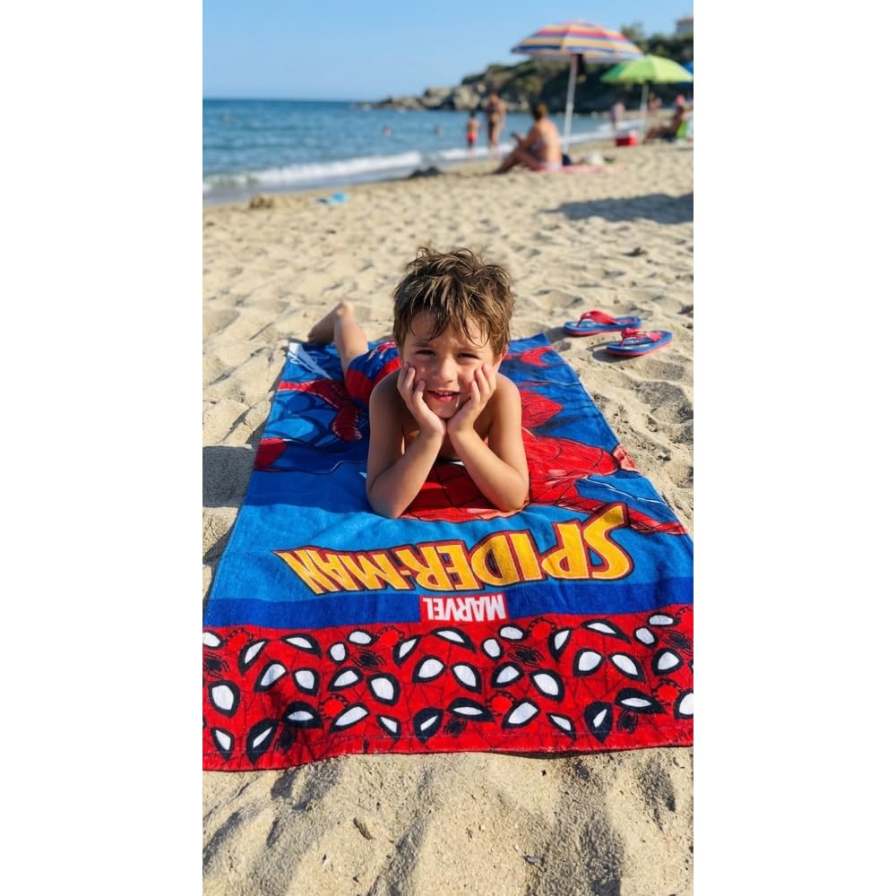 CARTOON Spider-Man Children's Beach Towel, 70 x 140 cm, Microfibre 100% Polyester, 245 g/m², Absorbent and Quick Drying, Lightweight and Compact