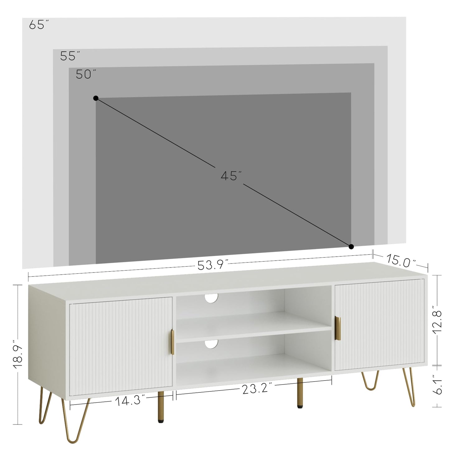 HEYZOEY White Fluted TV Stand, 2 Cabinets, Gold Legs, for TVs up to 65 in