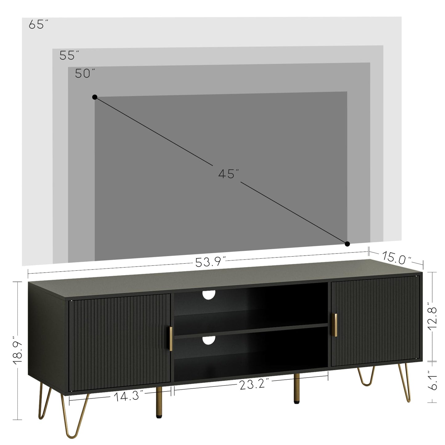 HEYZOEY Wood TV Stand for up to 65 Inch TV, 137cm TV Unit with 2 Cabinets and Open Shelves