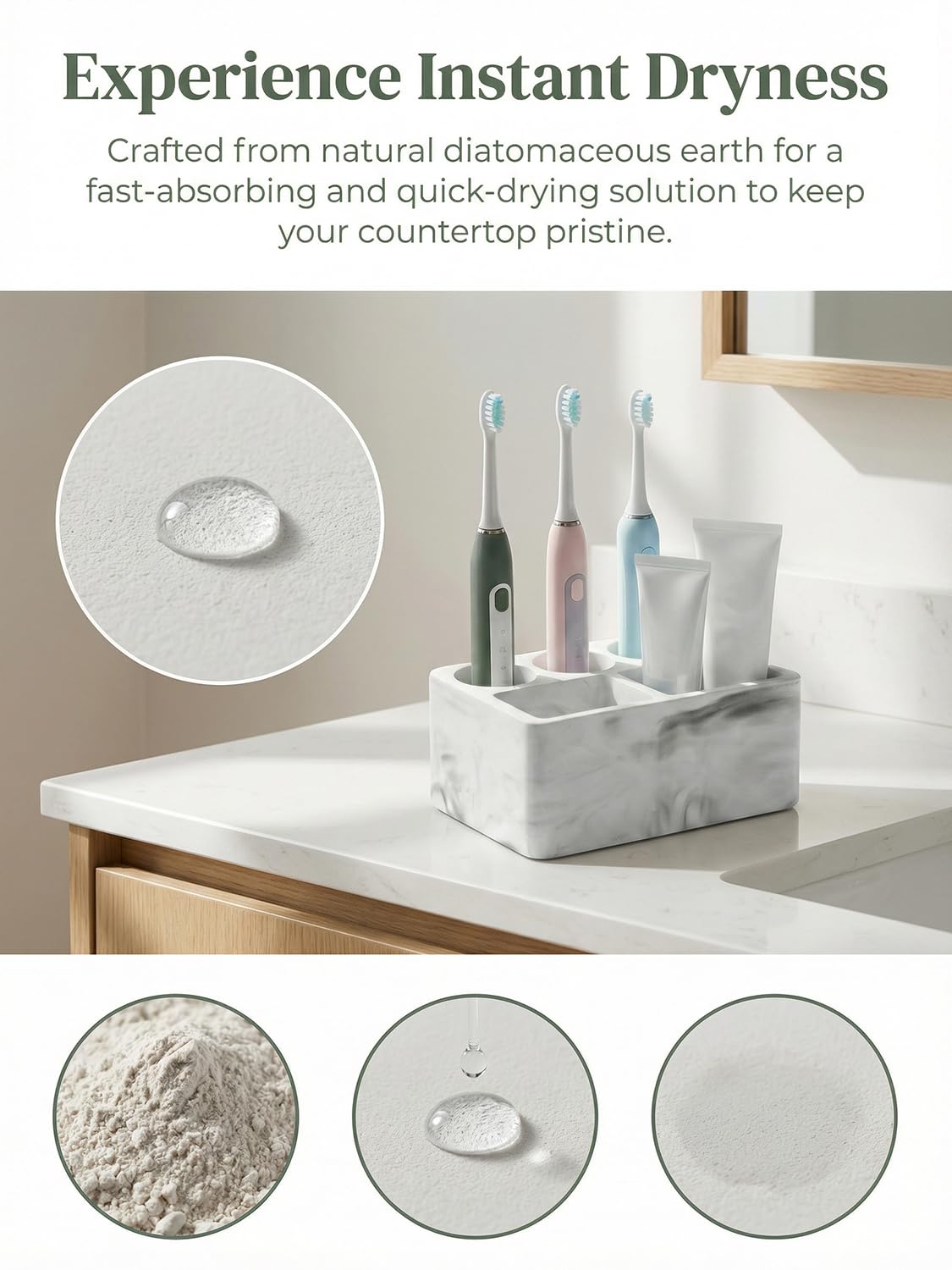 Zipplunk Diatomite Toothbrush Holder, Toothpaste Holder (Marble White)